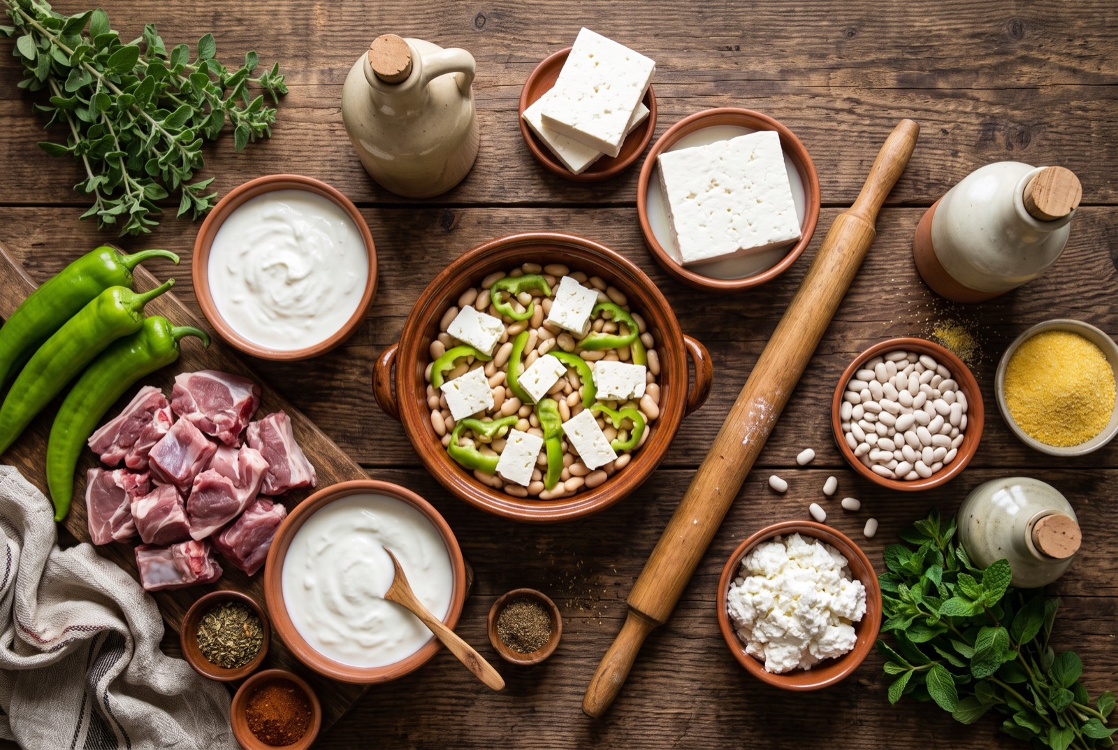 Albanian kitchen staples — thick yogurt, fresh curd cheese, green peppers, olive oil and oregano on a rustic table