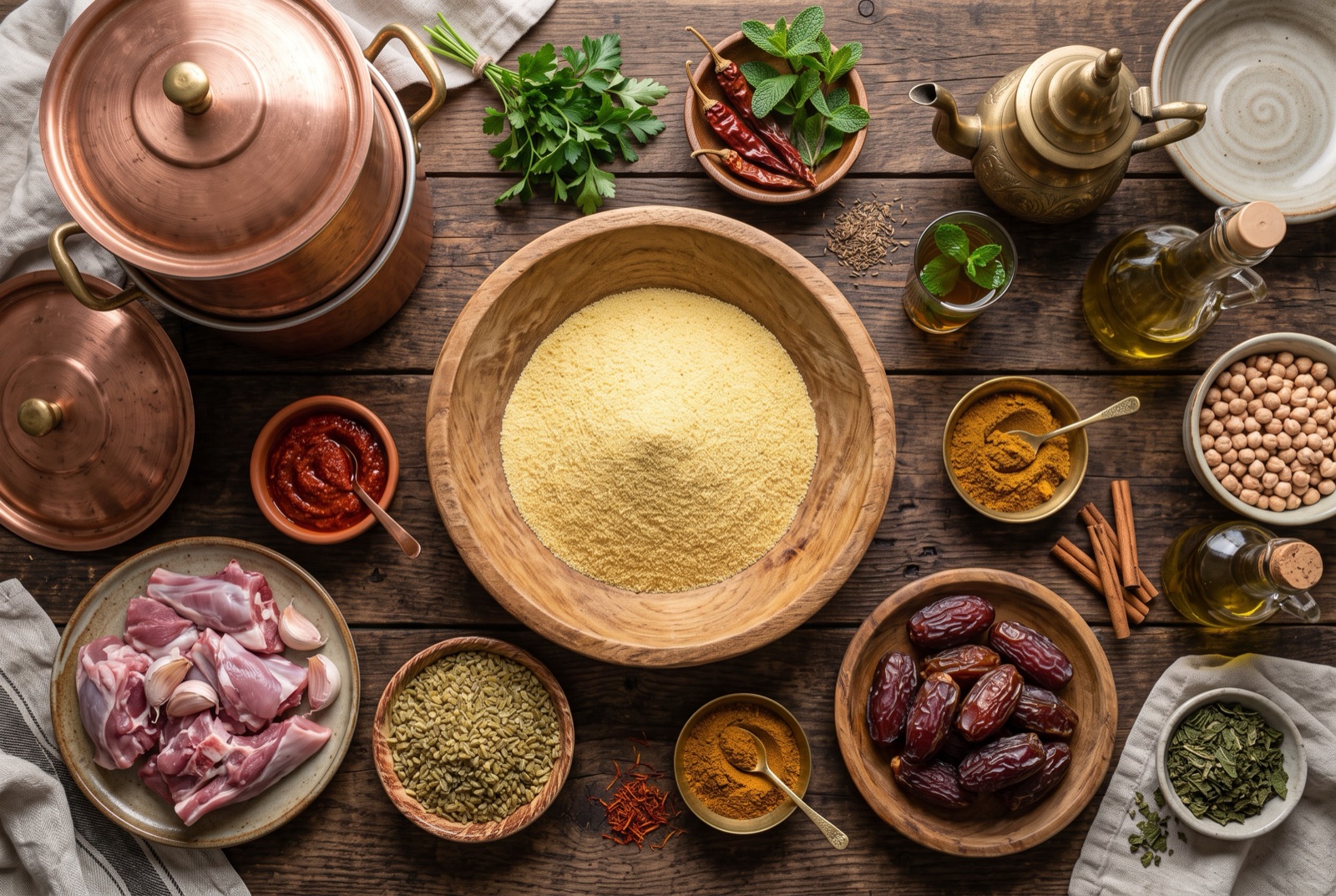 Algerian kitchen staples arranged on a dark surface — semolina, freekeh, chickpeas, dates, dried mint and cinnamon sticks