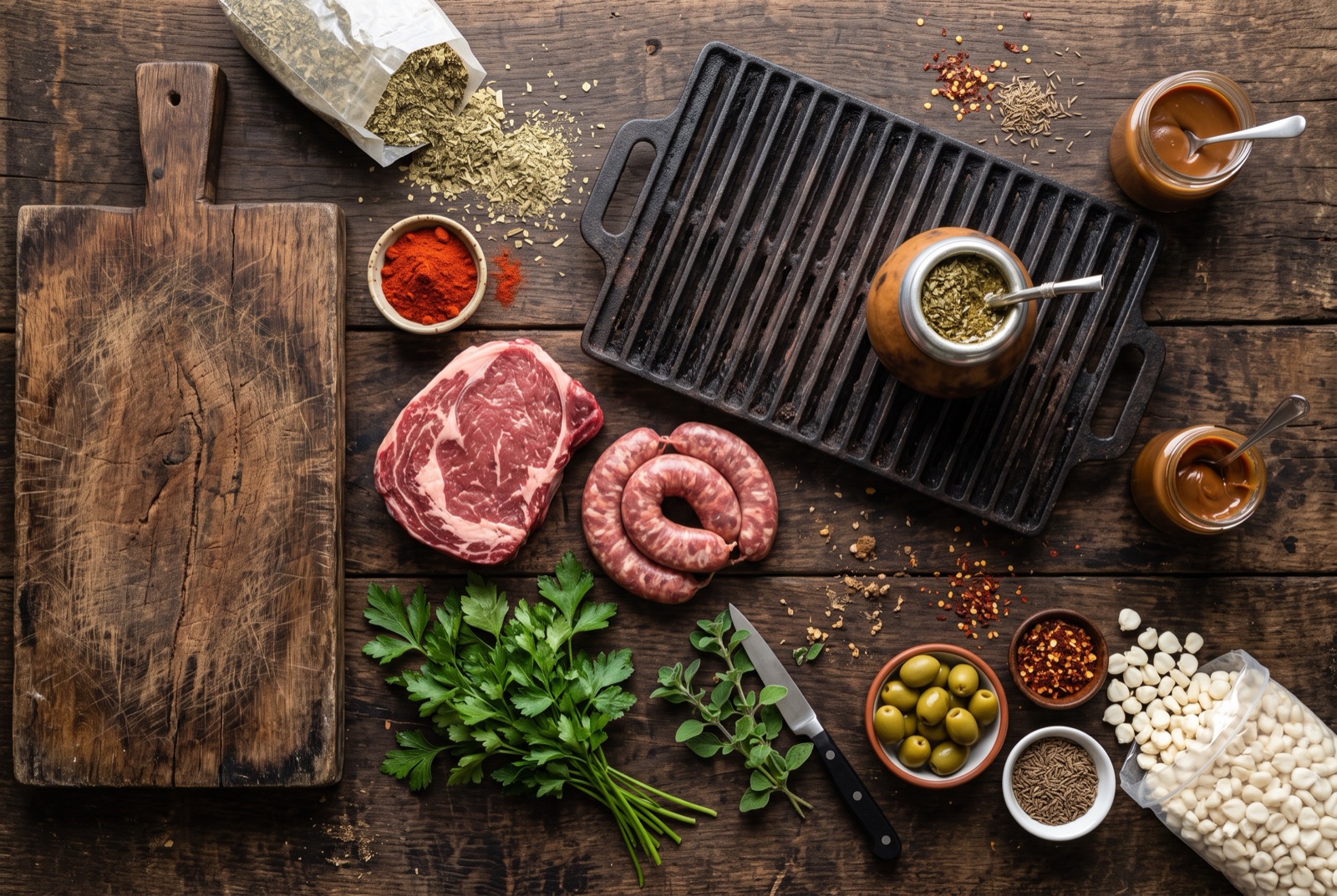 Illustration of Argentine kitchen staples — beef cuts, yerba mate gourd, parsley and dulce de leche