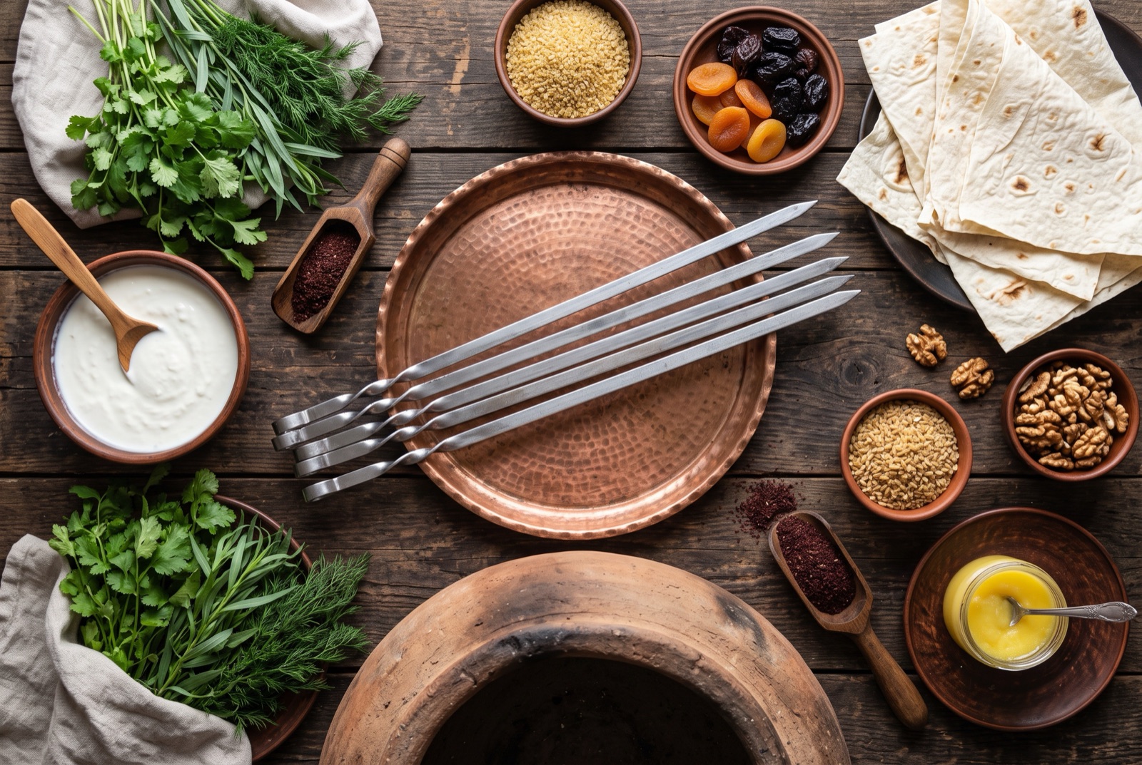 Armenian table staples arranged on stone — stacked lavash, matsun, walnuts, dried apricots and bunches of fresh herbs