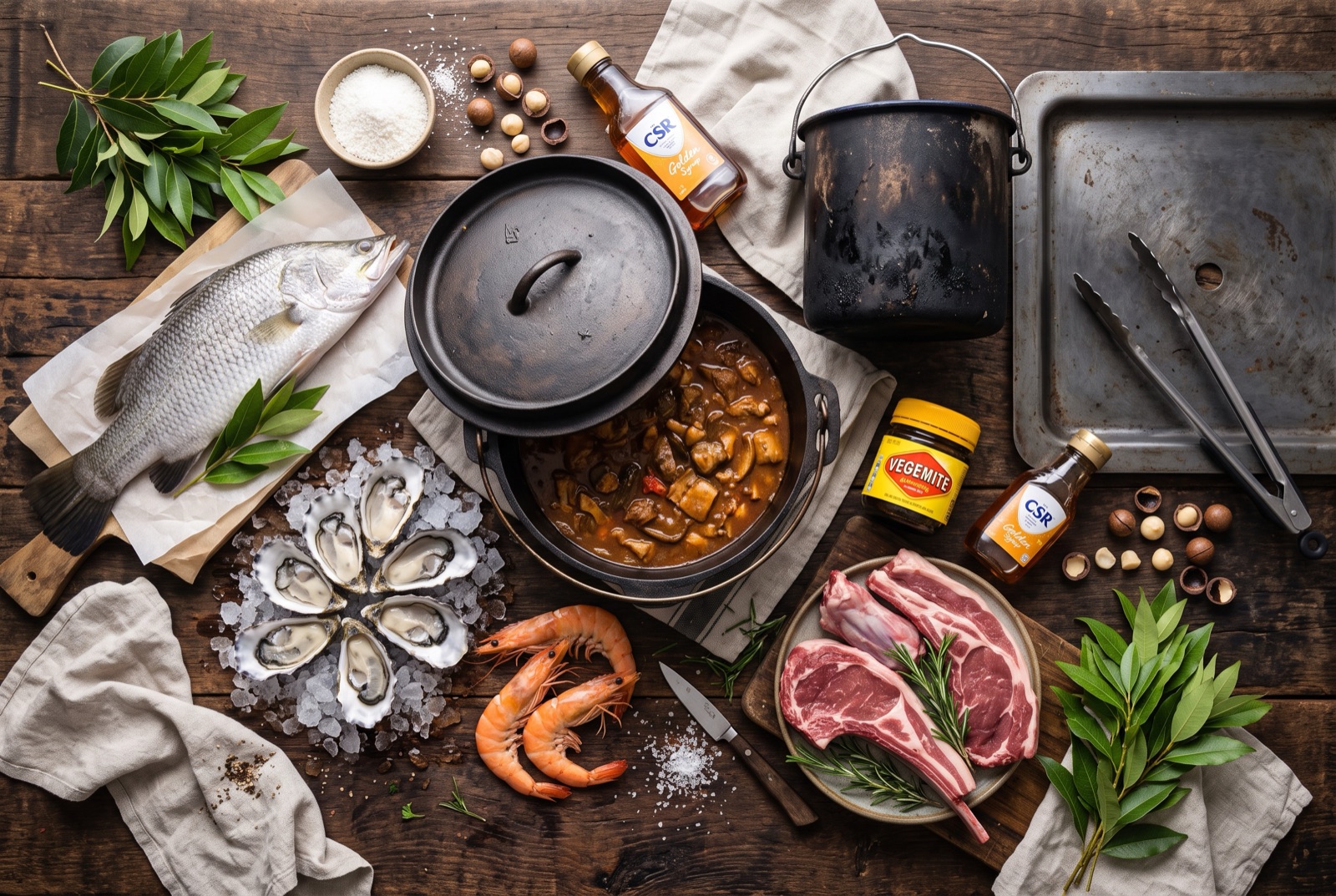 Australian kitchen staples laid out on a table — king prawns, lamb chops, a meat pie, Vegemite and desiccated coconut