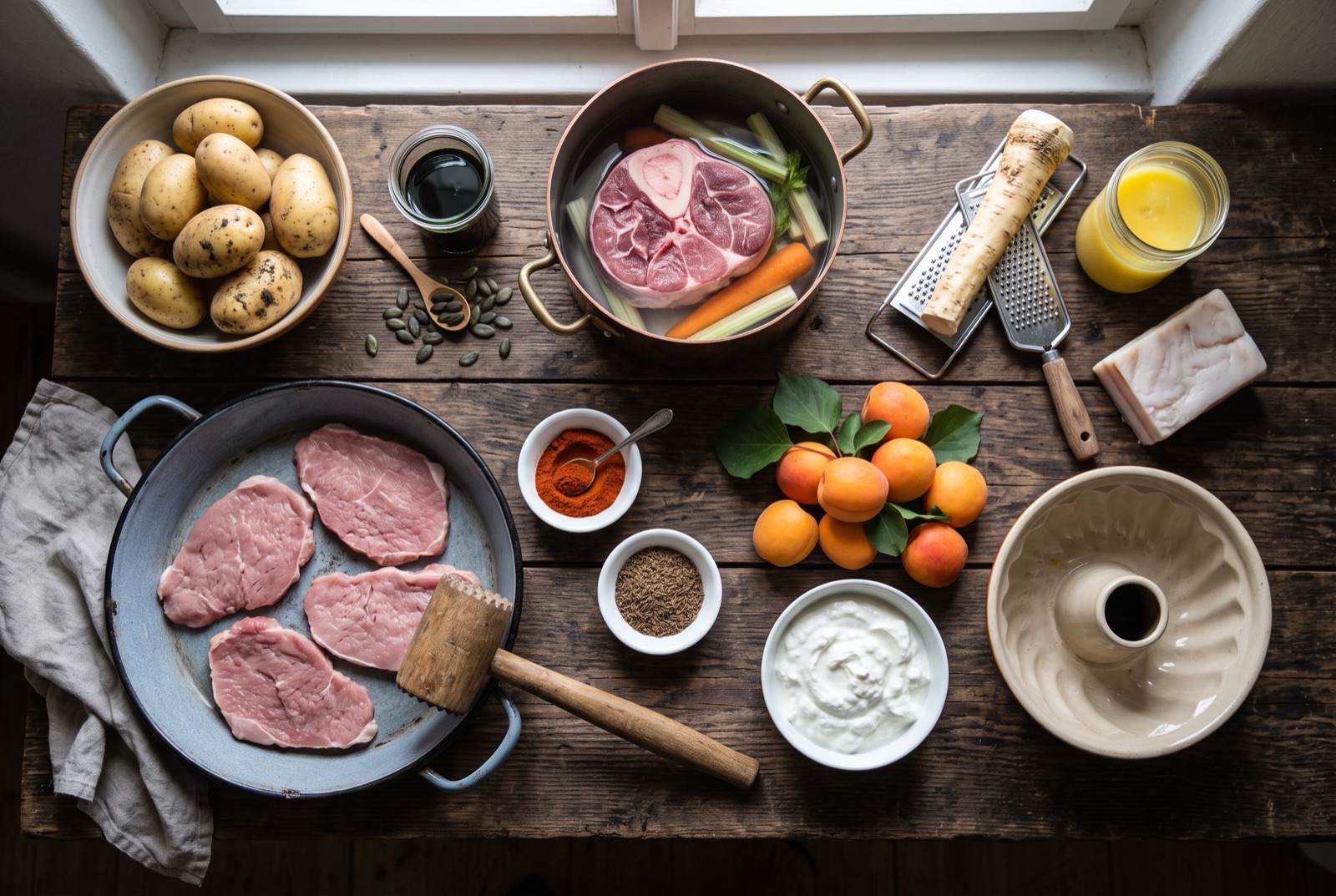 Overhead photograph of Austria kitchen staples — veal, beef for boiling, sweet paprika and caraway — on a dark wooden table