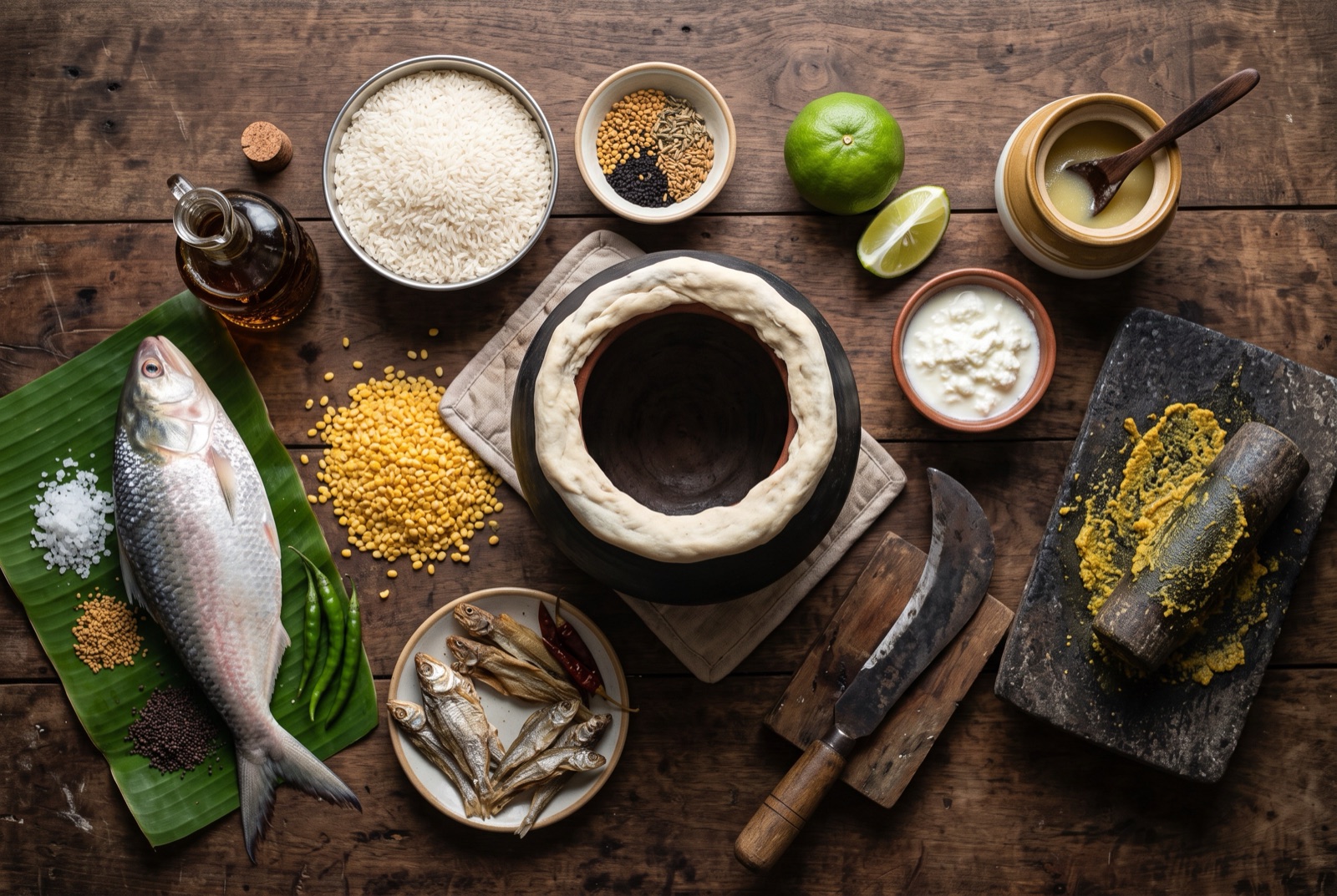 Bangladeshi kitchen staples arranged on a dark surface — mustard oil, green chiles, aromatic rice, panch phoron and river fish
