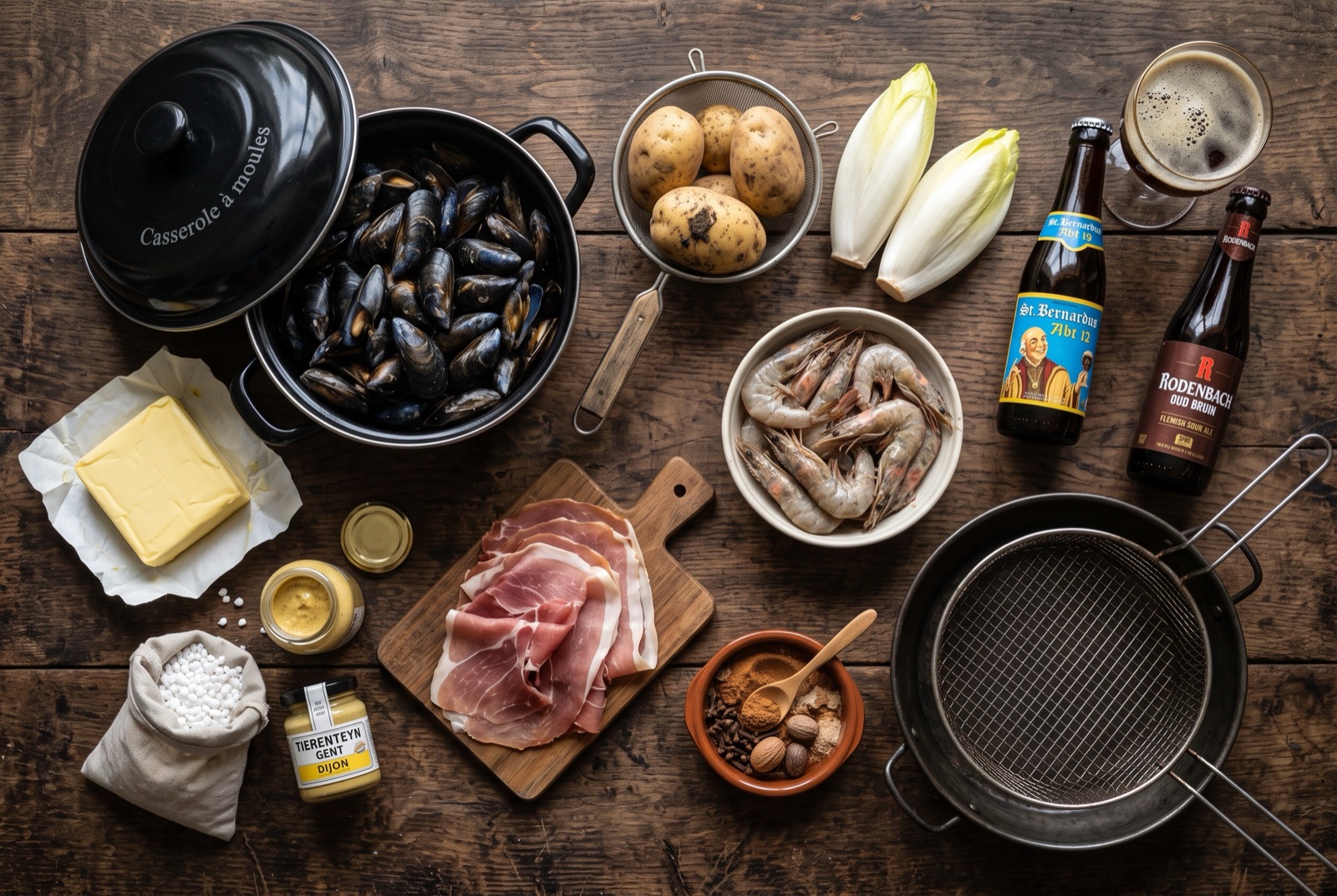Overhead photograph of Belgium kitchen staples — dark abbey and oud bruin beer, bintje potatoes, witloof and butter — on a dark wooden table