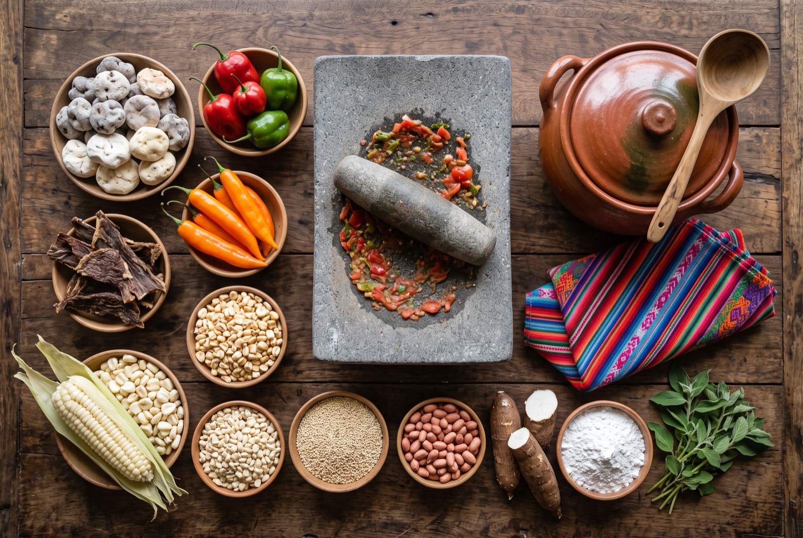 Bolivian pantry staples arranged on a dark surface — freeze-dried chuño, dried yellow chillies, hominy corn and raw peanuts