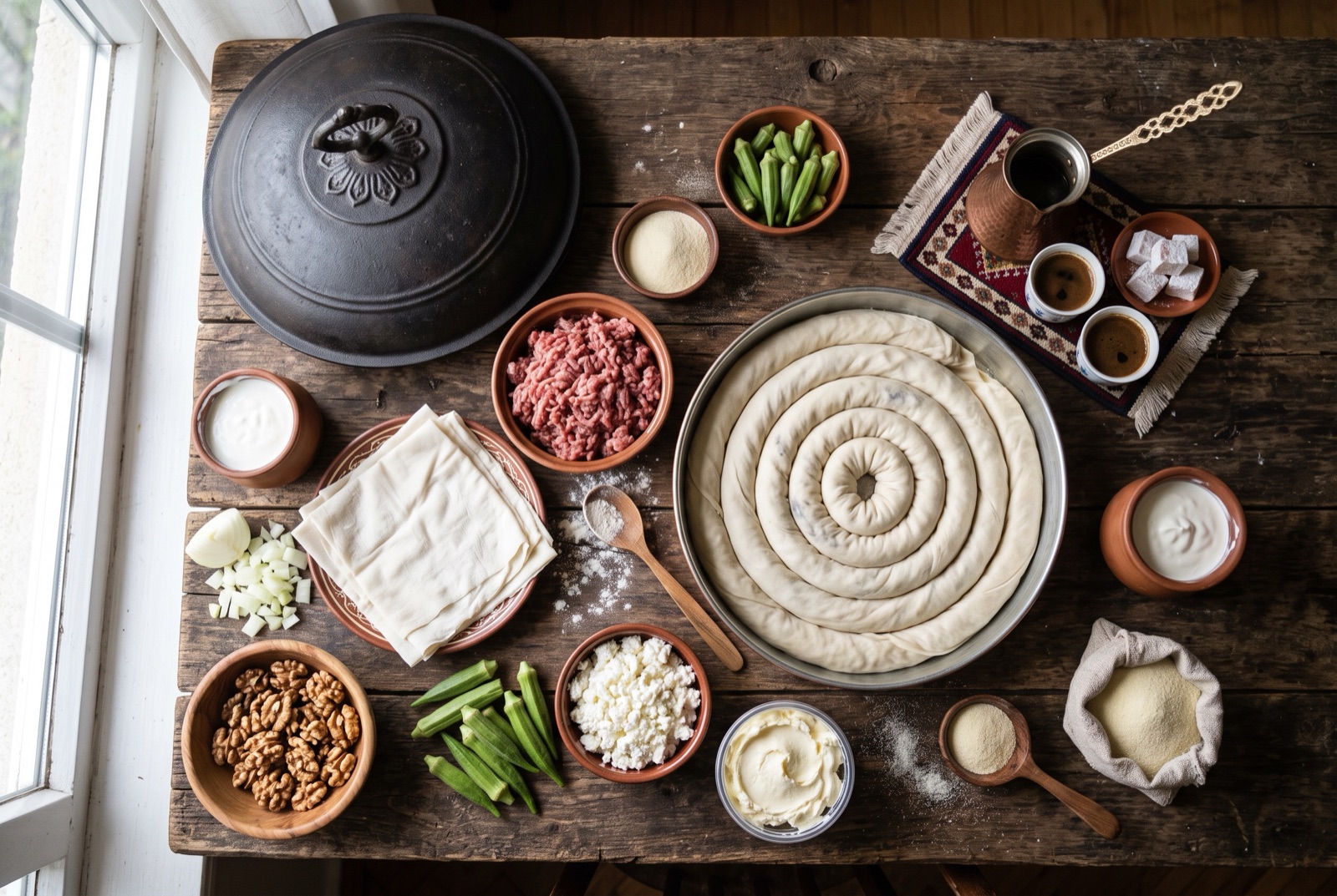 Overhead illustration of Bosnian kitchen staples — kajmak, stretched jufka pastry, minced beef, onions and a copper coffee pot on a dark table