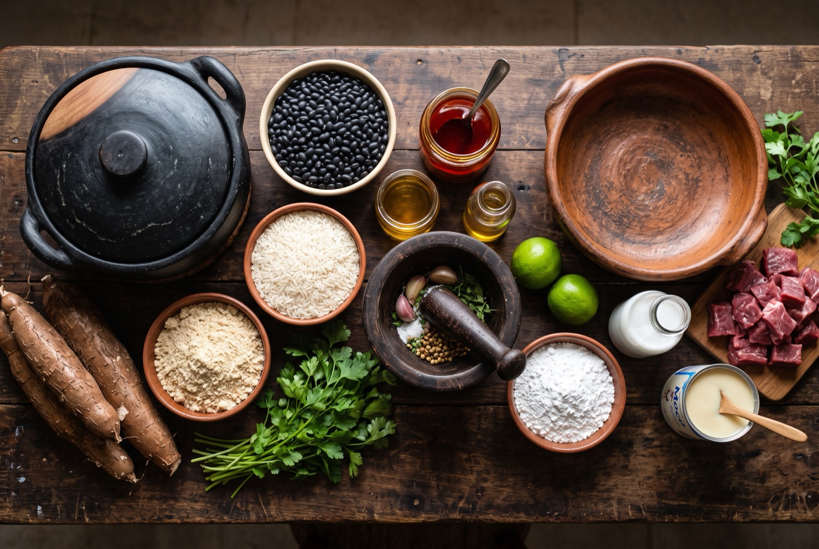 Overhead photograph of Brazil kitchen staples — cassava, black beans, rice and dendê — on a dark wooden table