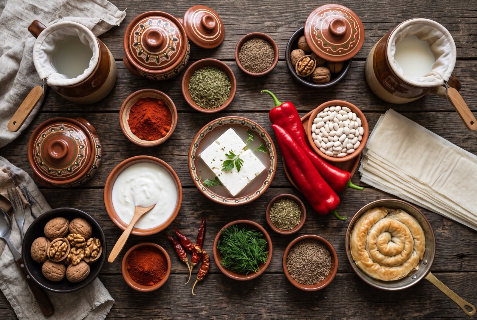 Bulgarian kitchen staples on a wooden table — white sirene cheese, thick yoghurt, red peppers, walnuts and dried summer savory