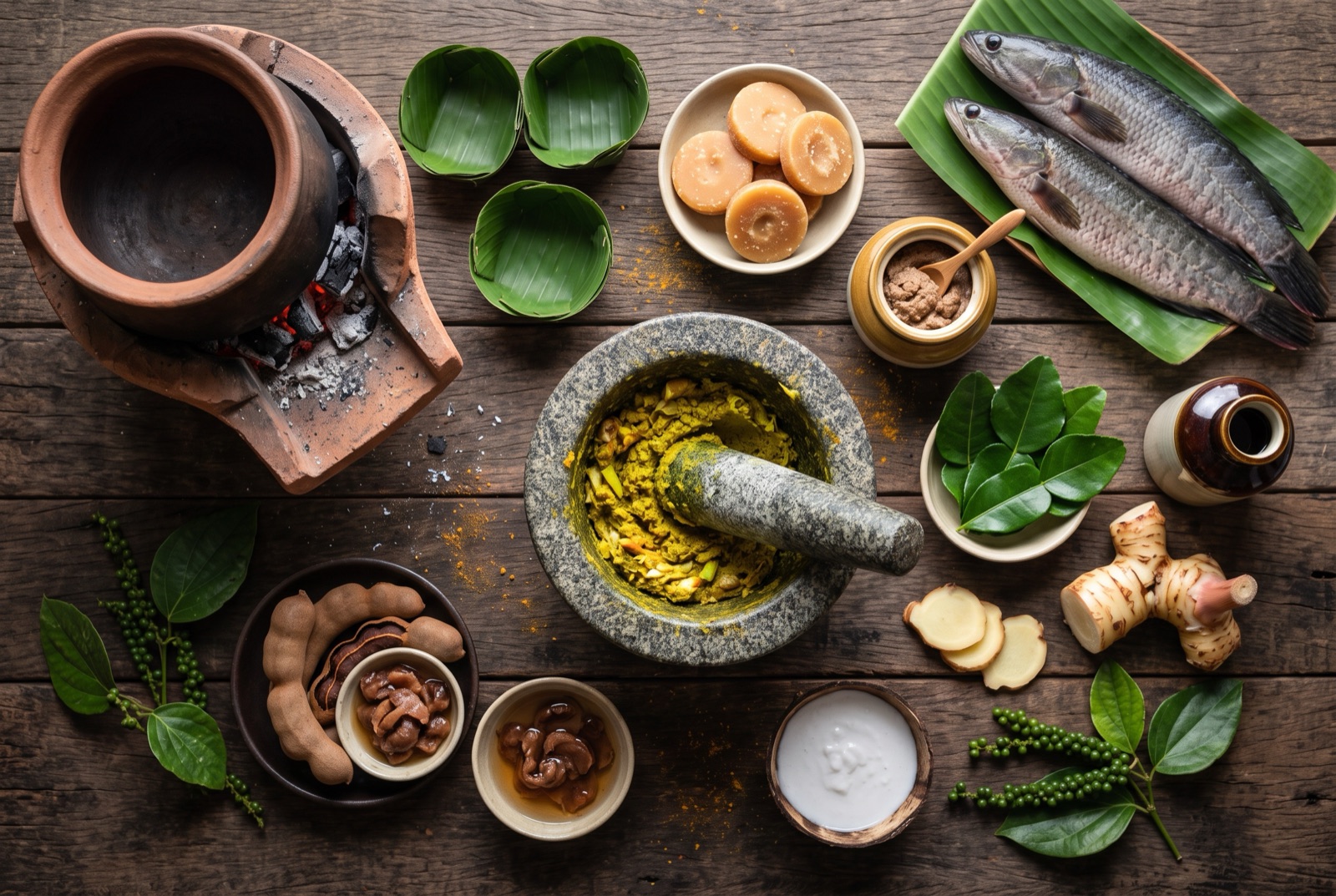 Cambodian kitchen staples arranged on dark wood — lemongrass, fresh turmeric, palm sugar, green Kampot peppercorns and fish sauce