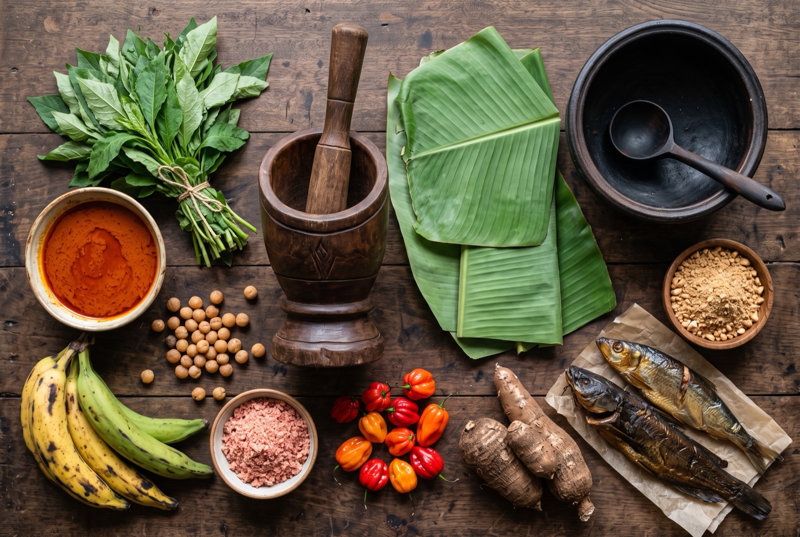 Cameroonian kitchen staples arranged on a dark table — red palm oil, groundnuts, dried crayfish, plantains and bitterleaf