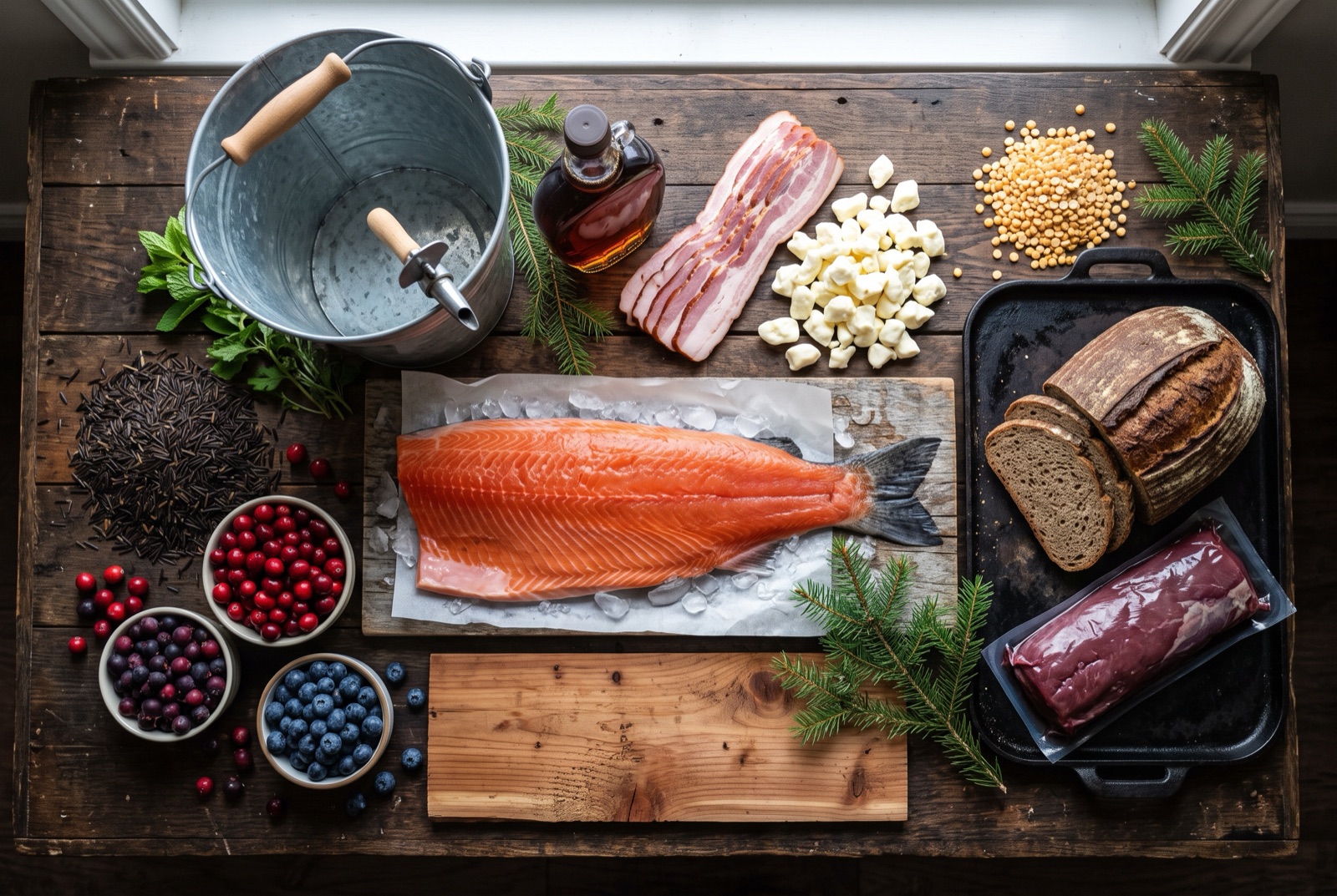 Canadian pantry staples on a dark table — maple syrup, cheese curds, cured back bacon and wild rice