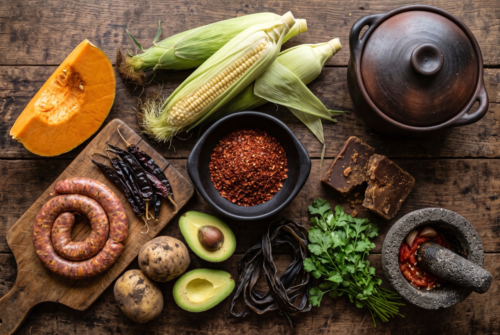 Chilean kitchen staples arranged on a table — fresh corn, merkén, avocado, cilantro and shellfish