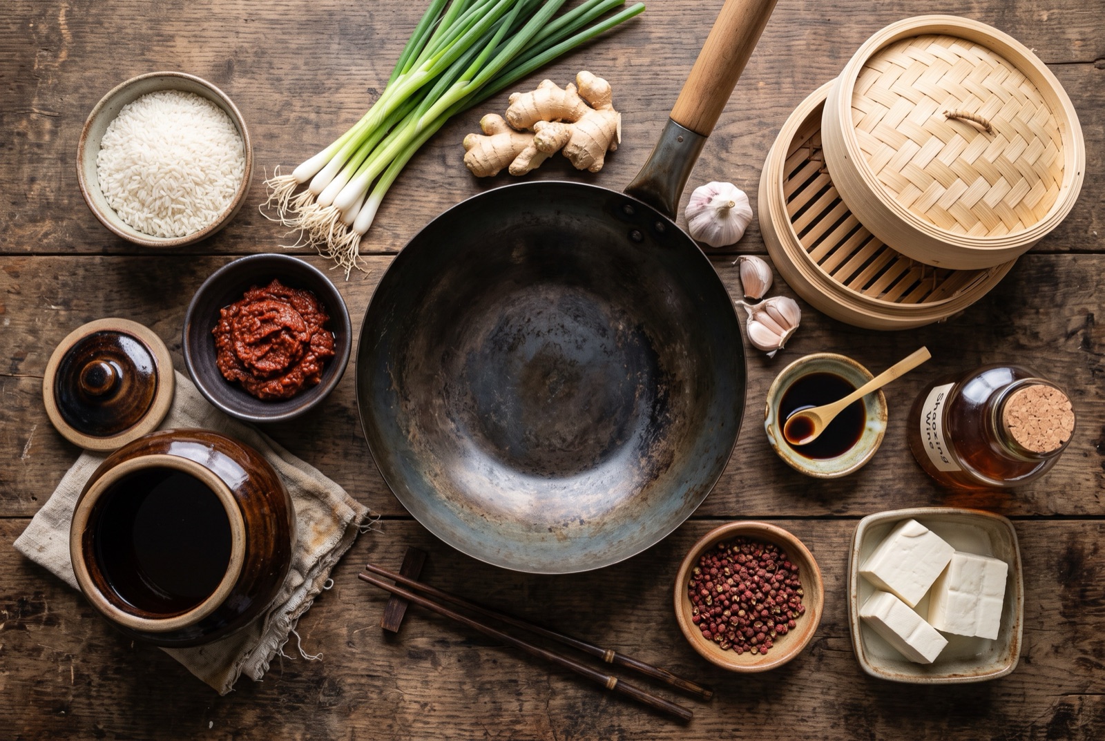 Overhead photograph of China kitchen staples — soy sauce, rice, scallions and ginger — on a dark wooden table