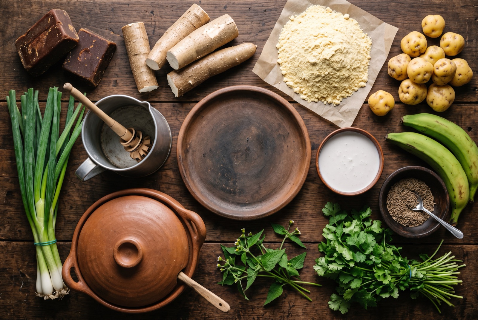 Colombian kitchen staples arranged on a dark surface — panela blocks, masarepa, plantains, cassava and long scallions