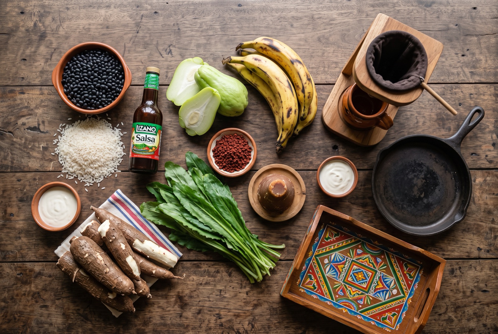 Costa Rican kitchen staples laid out — black beans, rice, chayote, plantain and a bottle of Salsa Lizano
