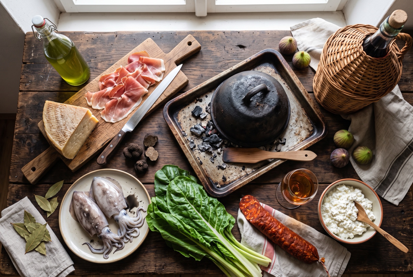 Croatian kitchen staples arranged on stone — olive oil, dried figs, bay leaves, pršut and hard sheep cheese