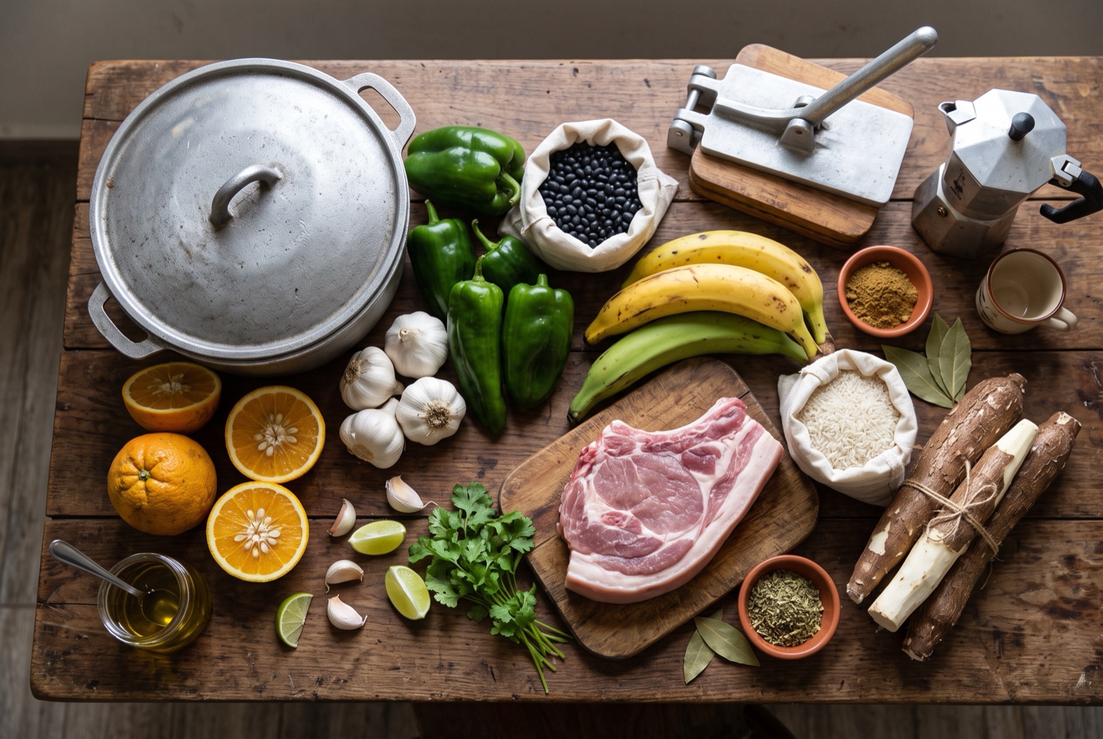 Cuban kitchen staples arranged on a wooden table — black beans, plantains, garlic, limes and sour oranges