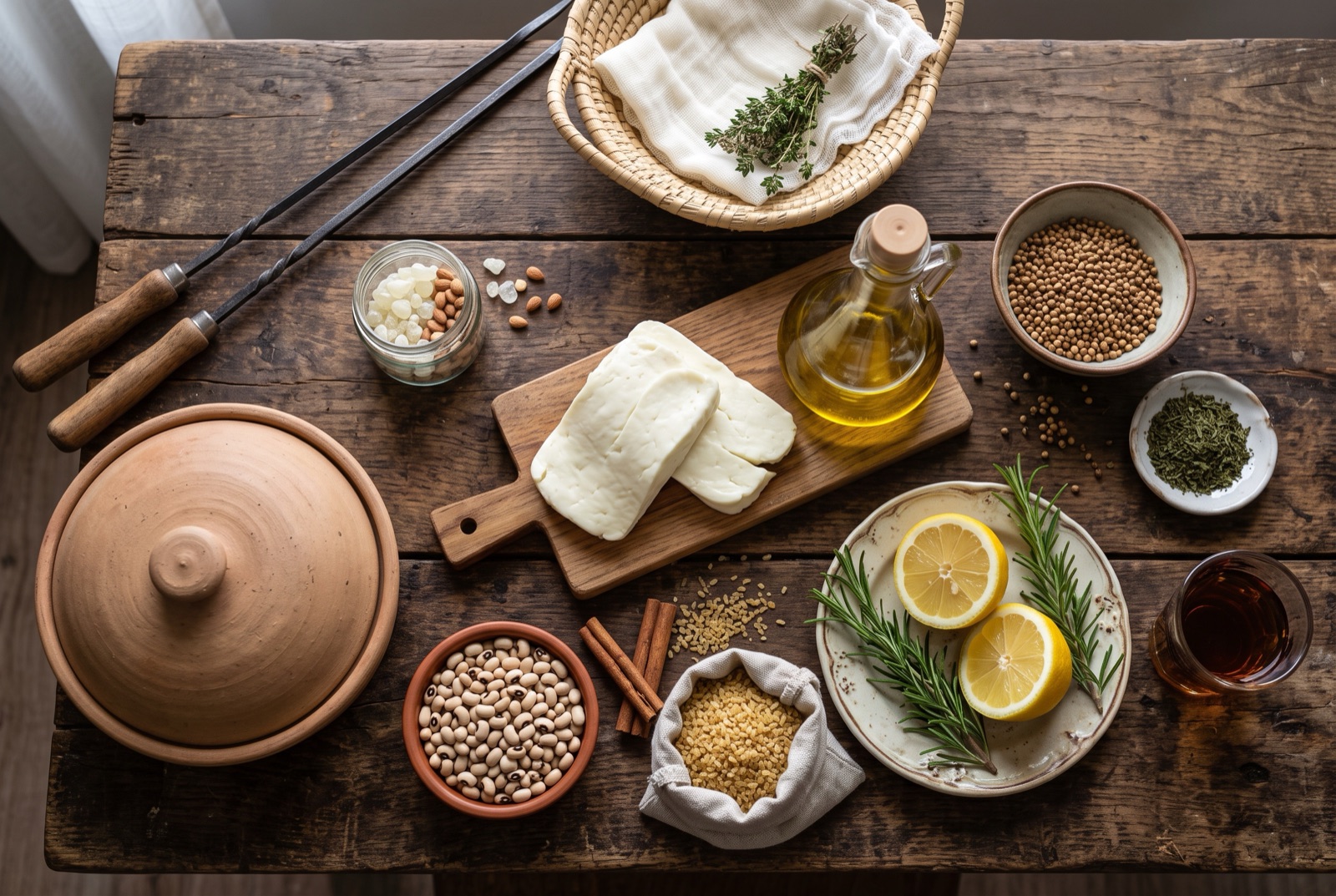 Cypriot kitchen staples laid out on stone — halloumi, coriander seed, olive oil, lemons and cracked wheat