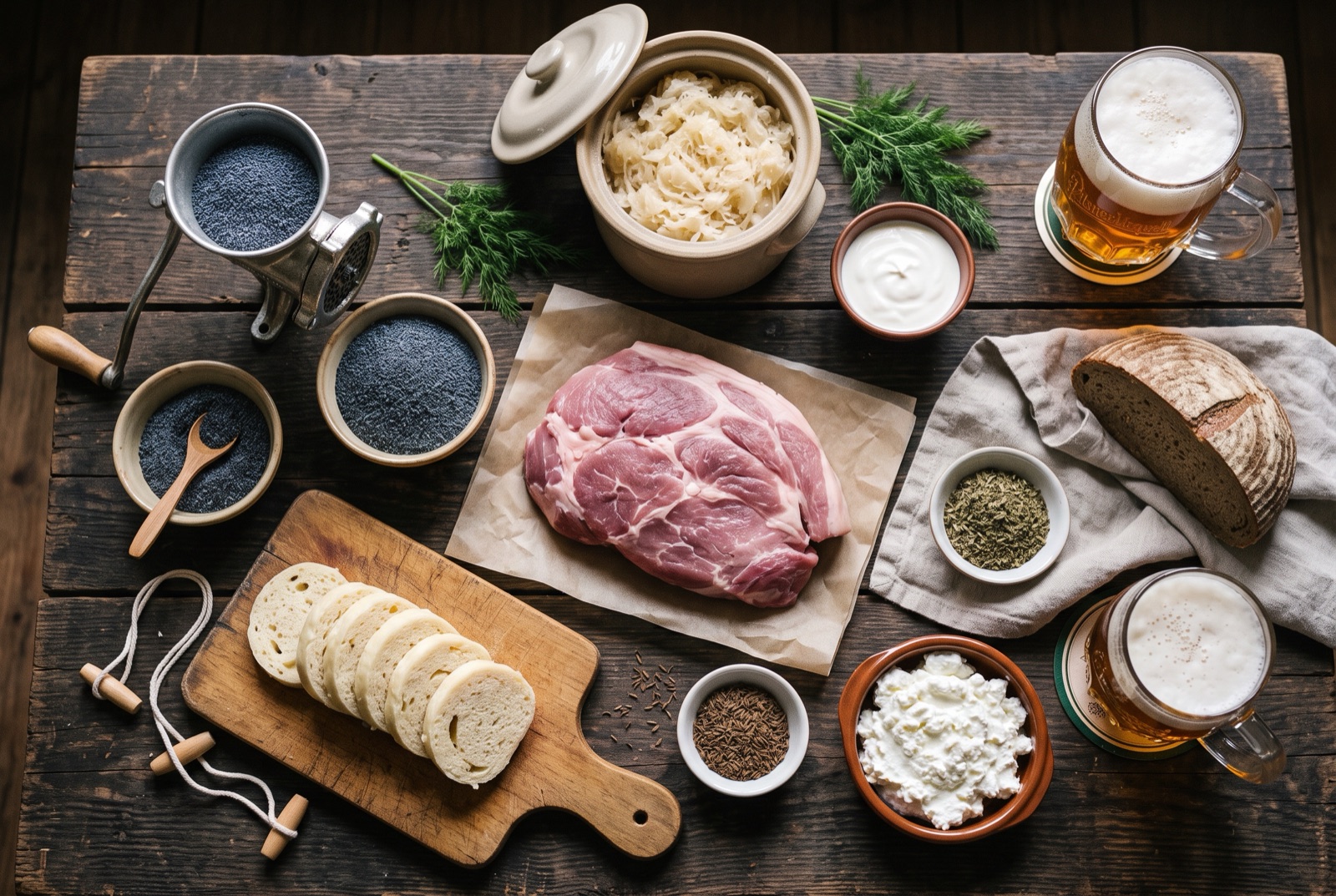 Czech kitchen staples arranged on wood — caraway seed, marjoram, sauerkraut, sour cream and sliced bread dumplings