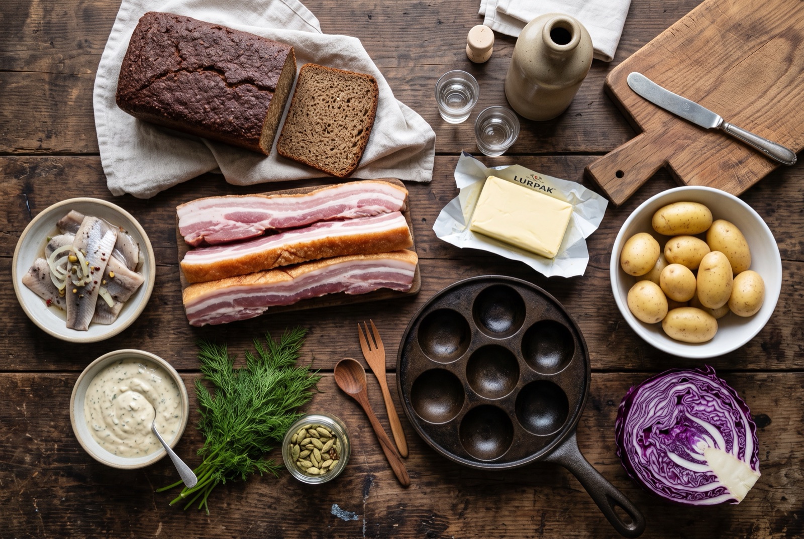 Overhead photograph of Denmark kitchen staples — rugbrød, pork, butter and potatoes — on a dark wooden table