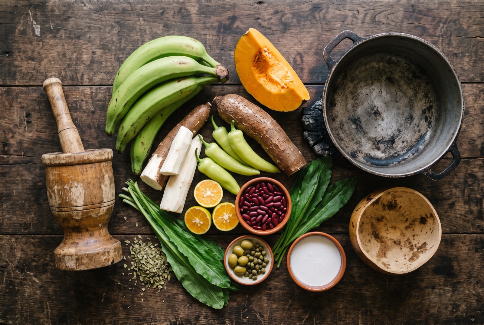 Dominican kitchen staples arranged on a table — green plantains, yuca, auyama, oregano and red beans