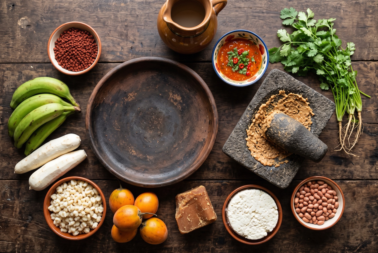 Ecuadorian kitchen staples arranged on a dark table — green plantains, achiote seeds, hominy corn, limes and fresh white cheese