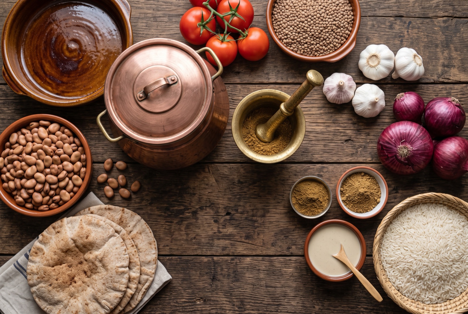 Overhead photograph of Egyptian kitchen staples — dried fava beans, brown lentils, cumin and garlic — on a dark wooden table