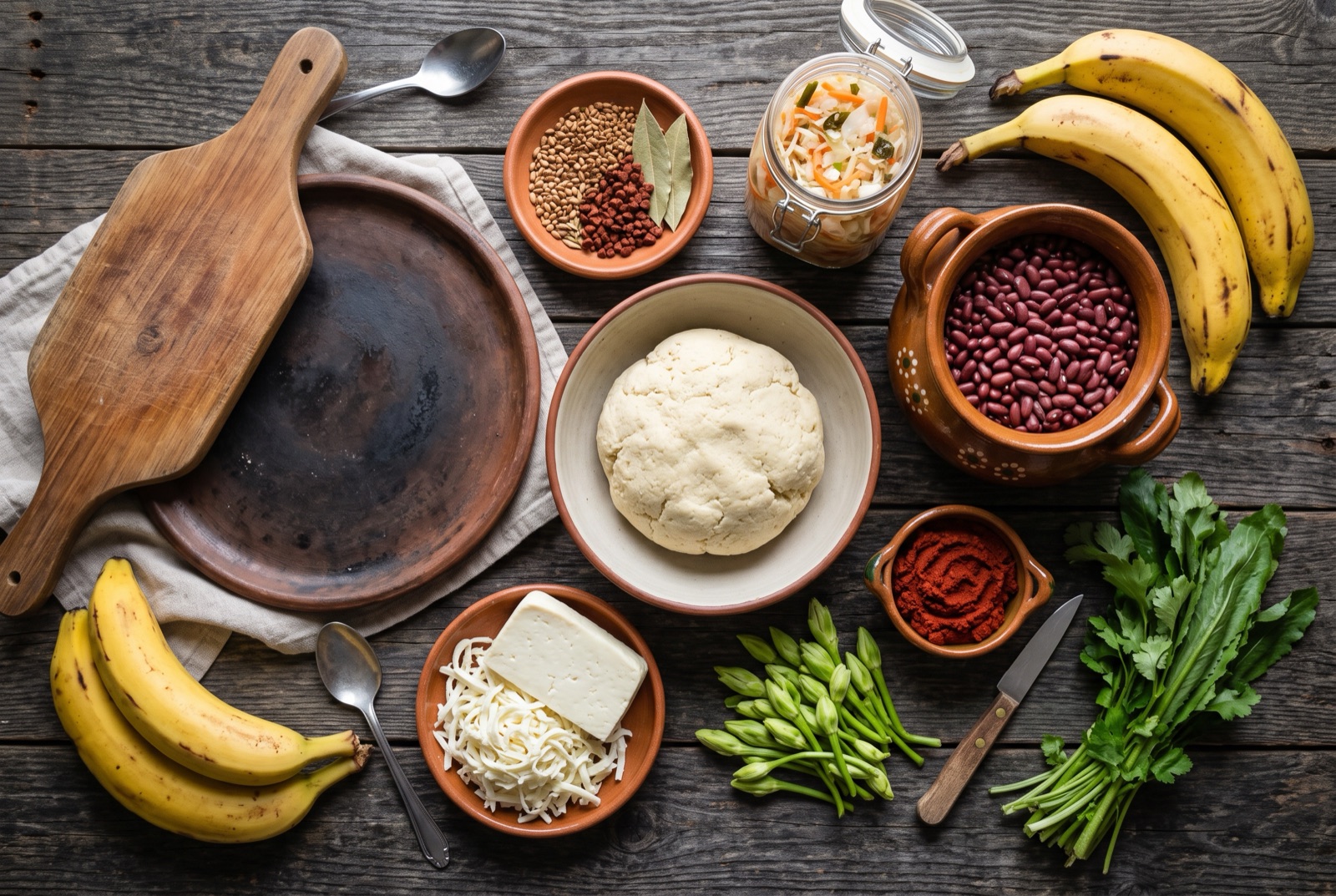 Salvadoran kitchen staples arranged on a dark table: corn masa, red silk beans, curtido, plantain and achiote