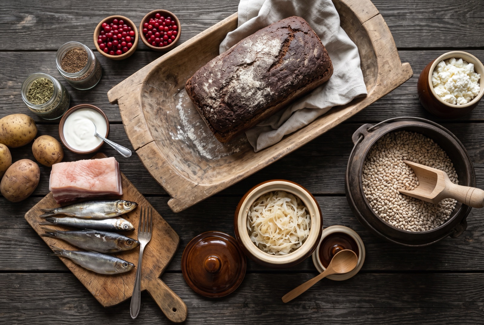 Estonian kitchen staples on a dark table — black rye bread, pearl barley, sauerkraut, sprats and lingonberries