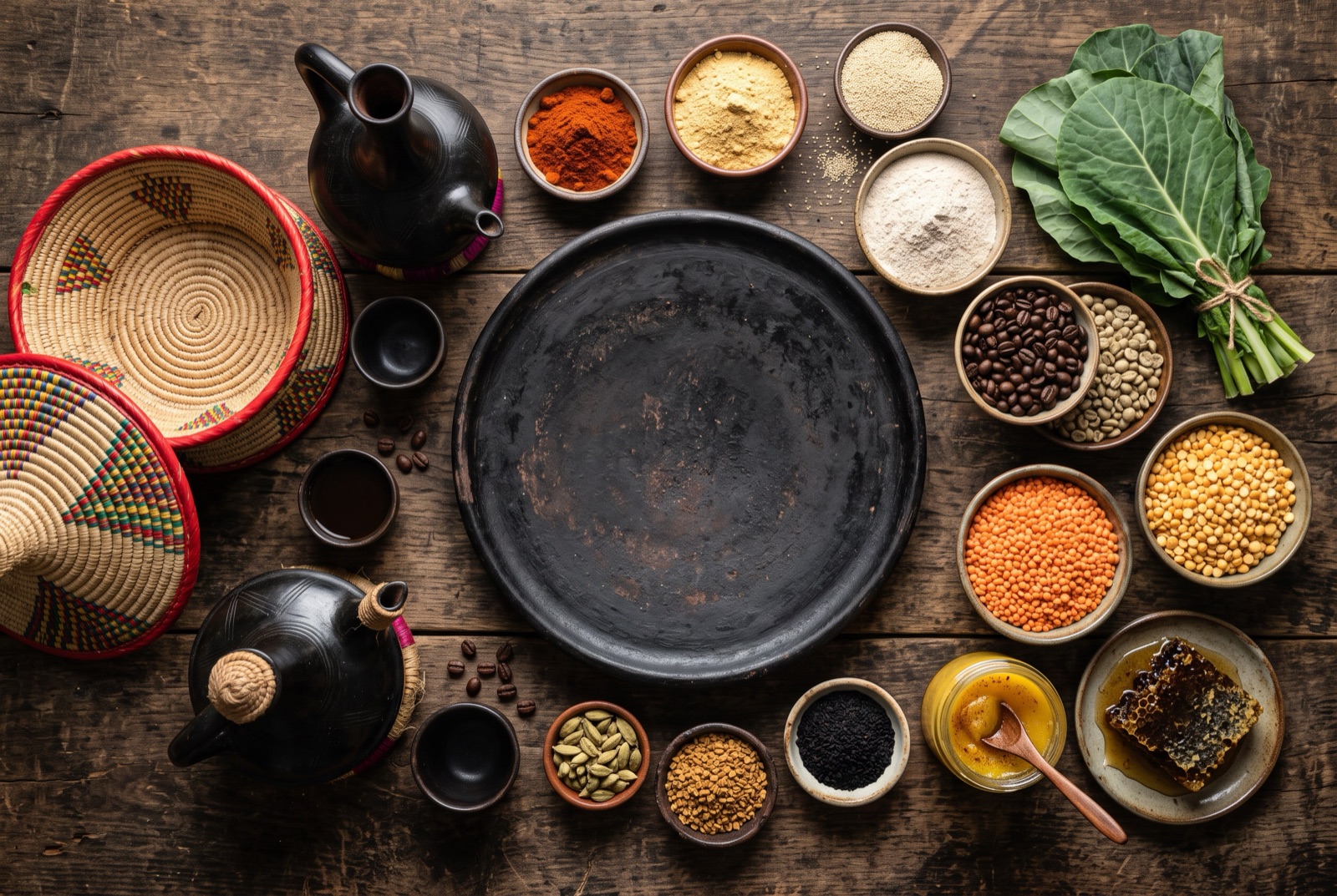 Ethiopian kitchen staples — teff flour, berbere, spiced butter, red lentils and collard greens — laid out on a dark surface