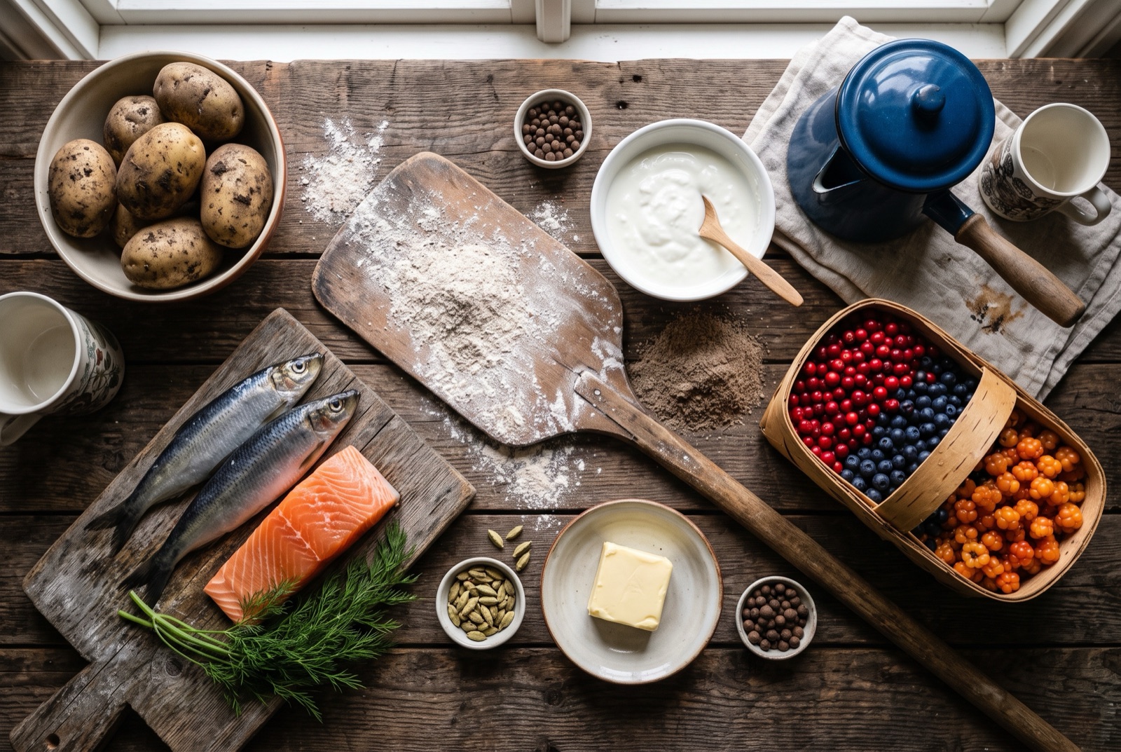 Overhead photograph of Finland kitchen staples — rye flour, potatoes, dill and allspice — on a dark wooden table