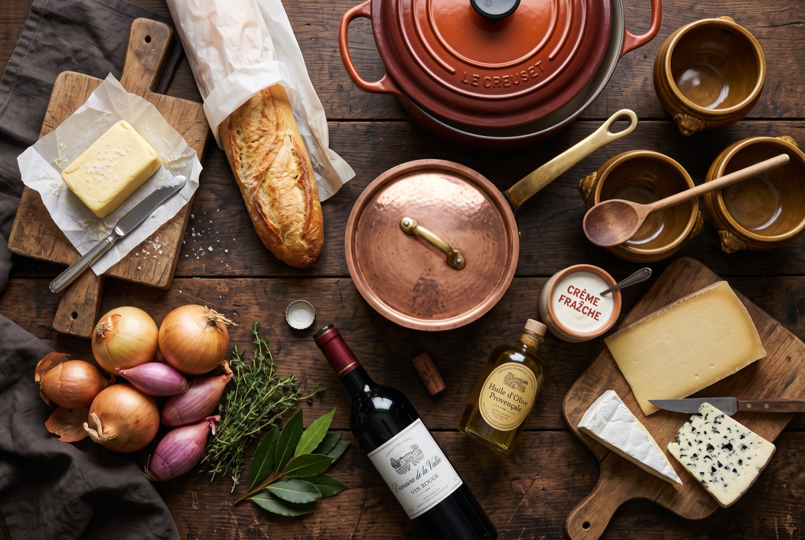 Overhead photograph of France kitchen staples — butter, onions and shallots, thyme and bay leaf and wine — on a dark wooden table