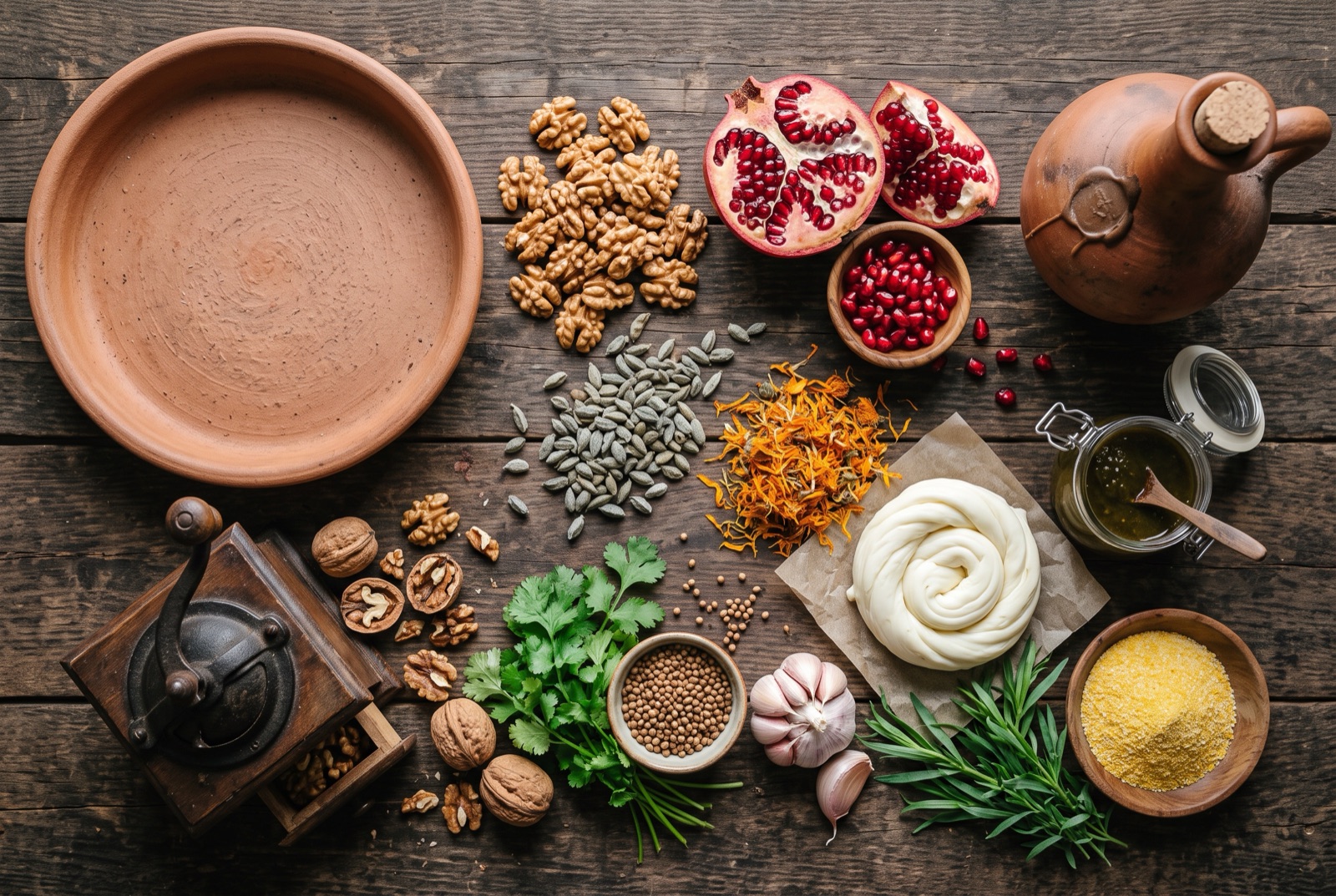 Georgian kitchen staples arranged on dark wood — walnuts, garlic, pomegranate, coriander and dried marigold