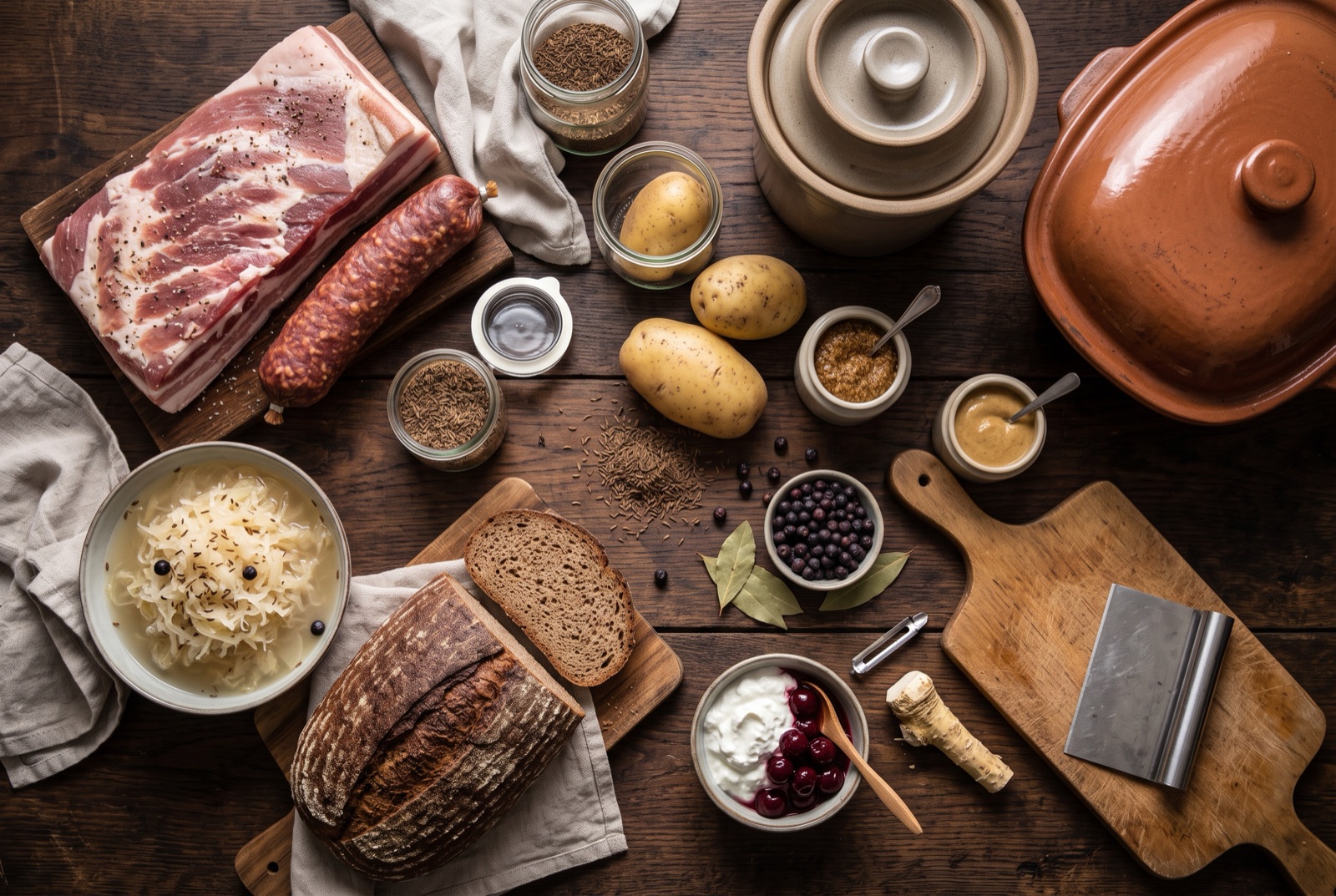 Overhead photograph of Germany kitchen staples — pork and cured sausage, sauerkraut, rye sourdough bread and potatoes — on a dark wooden table