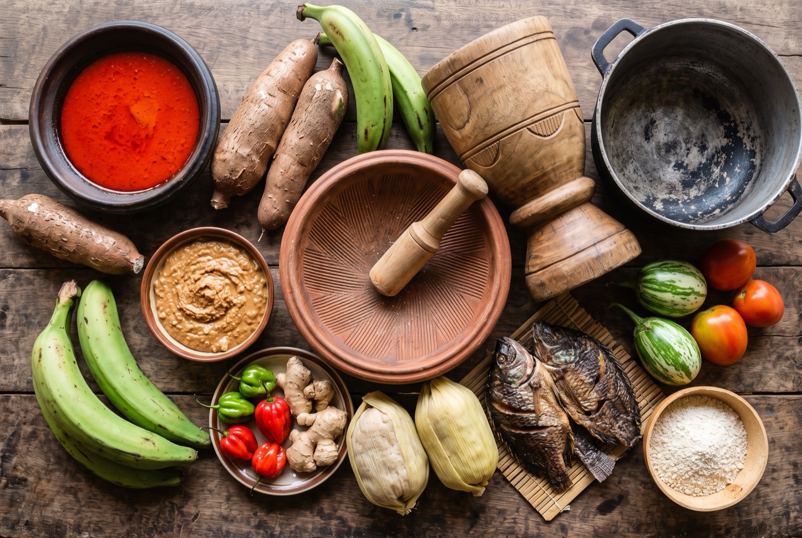 Ghanaian kitchen staples arranged on a dark surface — red palm oil, cassava, plantain, groundnuts and scotch bonnet chilies