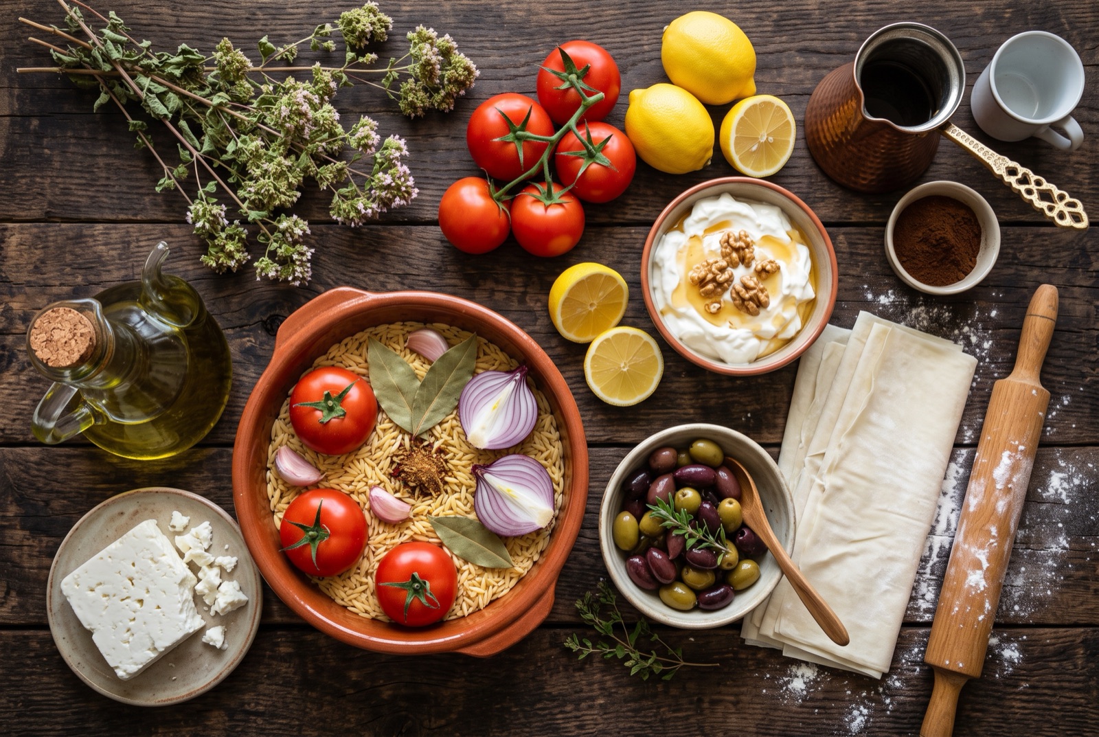 Overhead photograph of Greece kitchen staples — olive oil, feta, oregano and lemon — on a dark wooden table