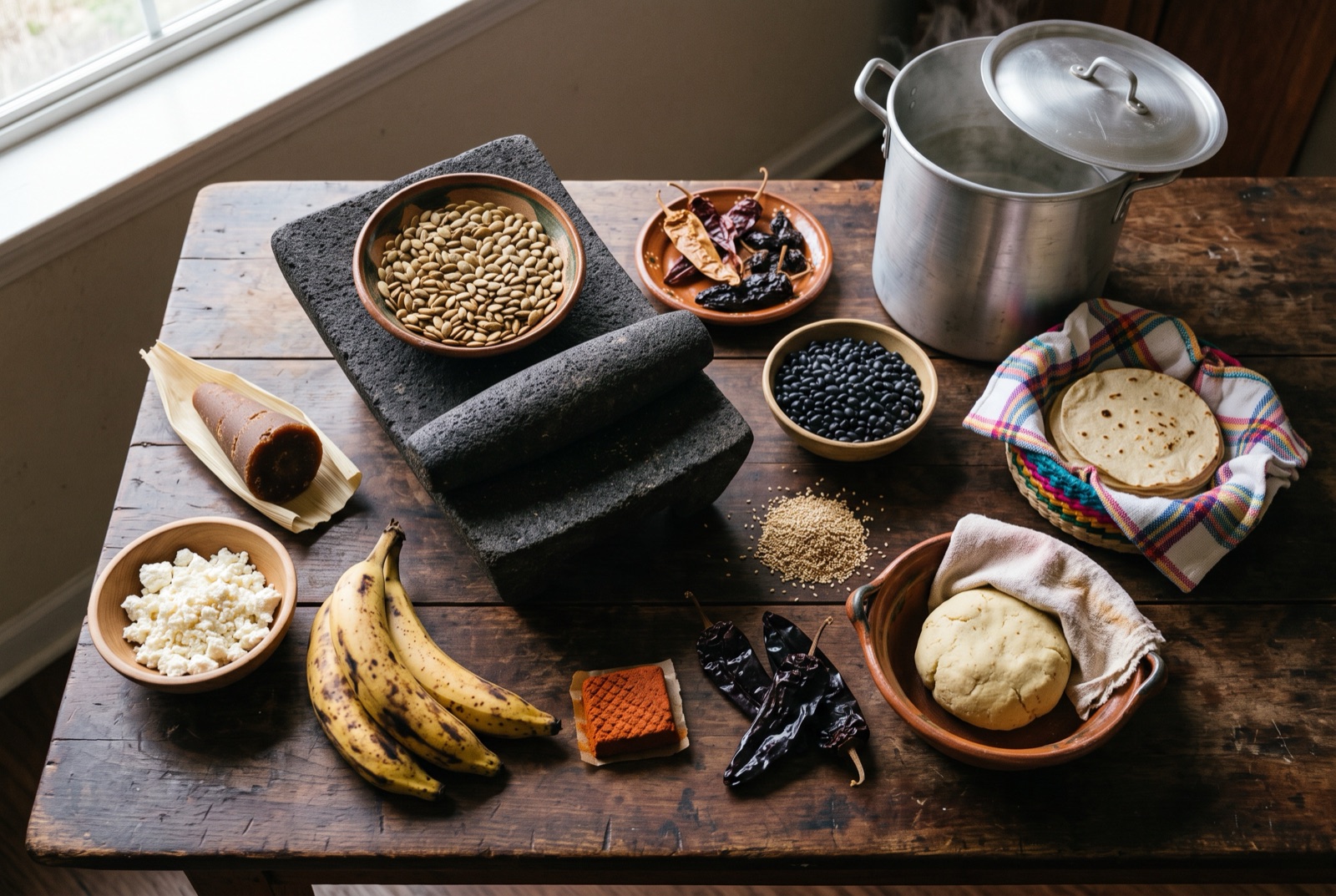 Guatemalan kitchen staples arranged on a dark surface — corn masa, black beans, dried guaque chiles and toasted pumpkin seeds