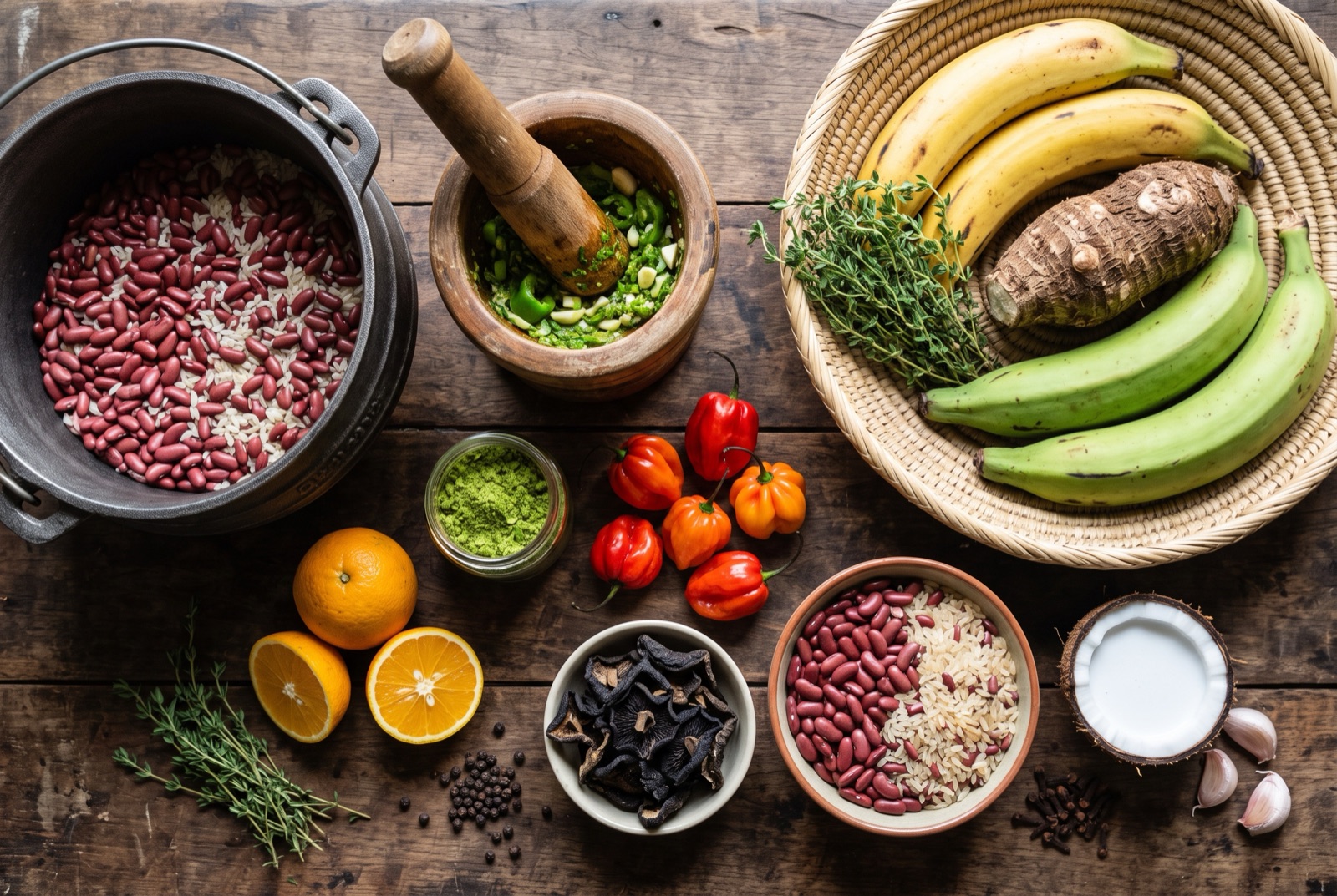 Haitian kitchen staples — Scotch bonnet peppers, thyme, scallions, limes and green plantains on a dark table