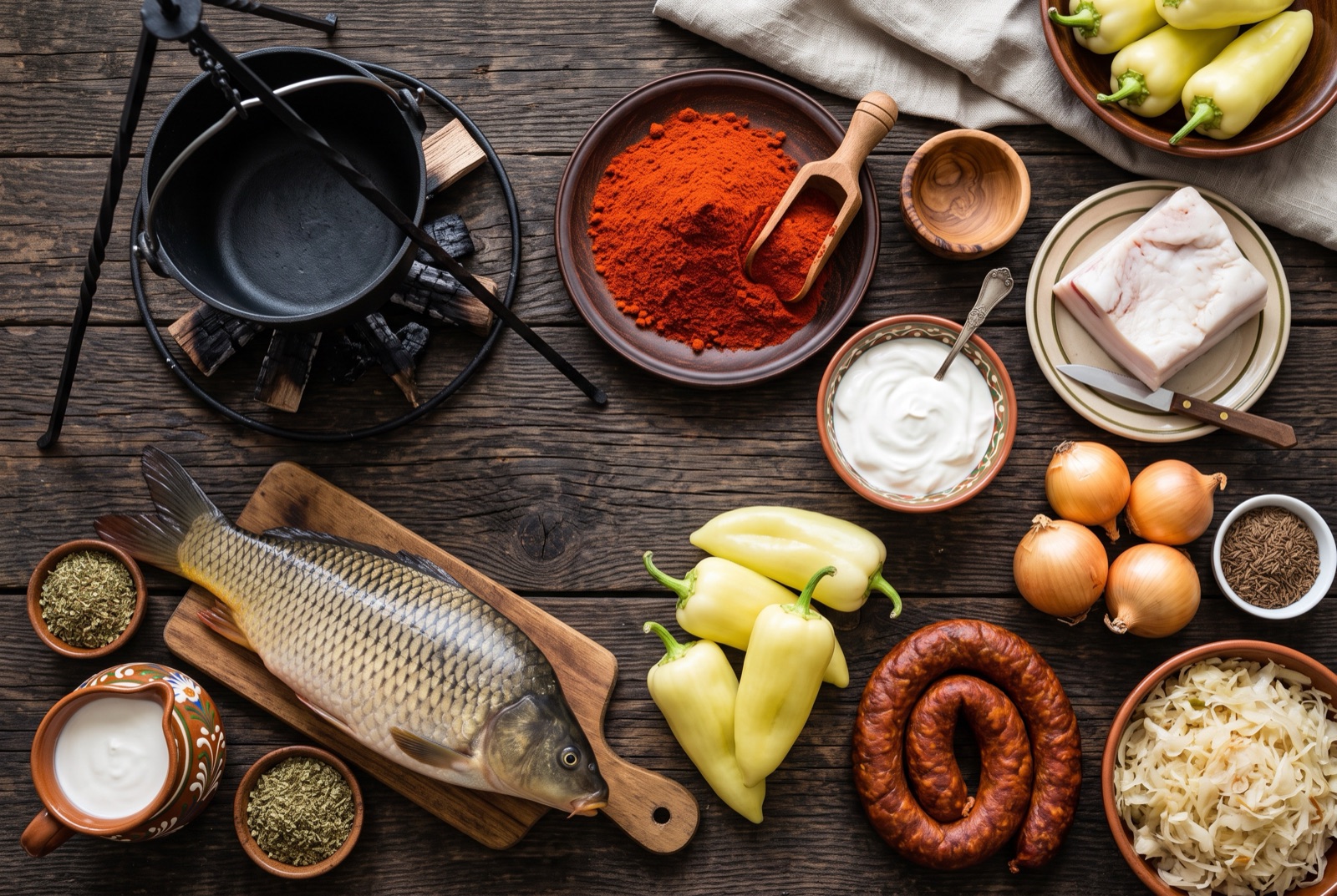 Overhead illustration of Hungarian kitchen staples — sweet paprika, onions, sour cream and paprika sausage on a dark table