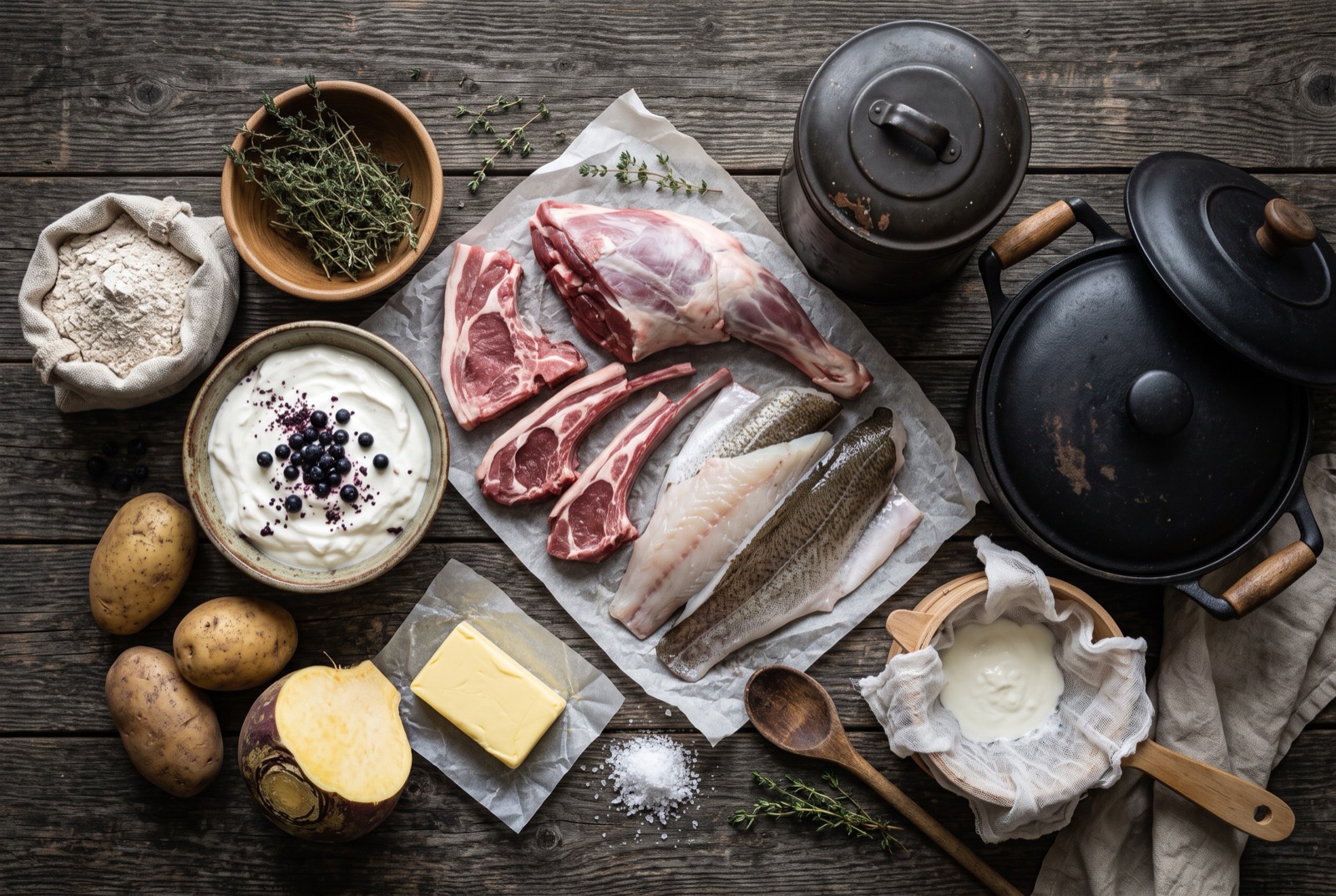 Overhead photograph of Iceland kitchen staples — icelandic lamb, cod and haddock, skyr and rye flour — on a dark wooden table