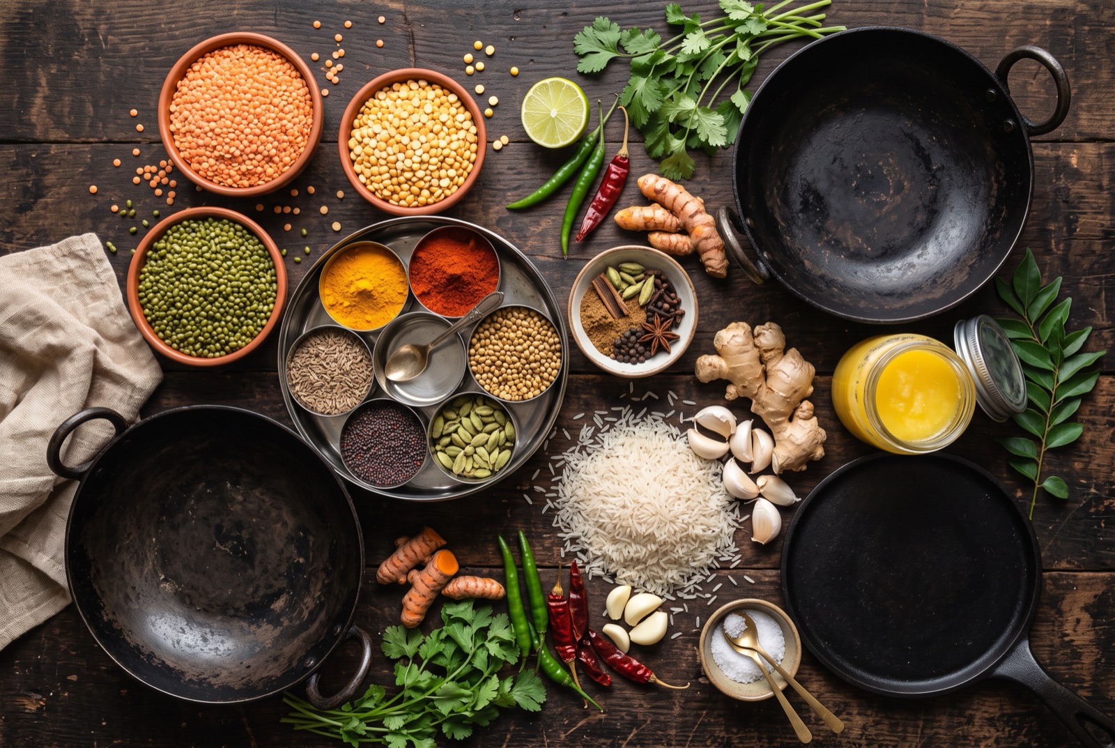 Overhead photograph of India kitchen staples — garam masala, ghee, lentils and yogurt — on a dark wooden table