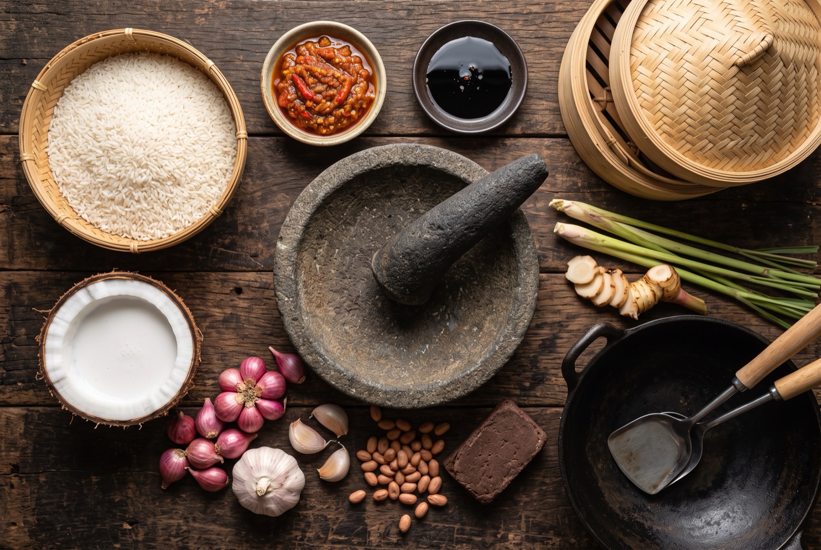 Overhead photograph of Indonesia kitchen staples — rice, sambal, kecap manis and coconut milk — on a dark wooden table