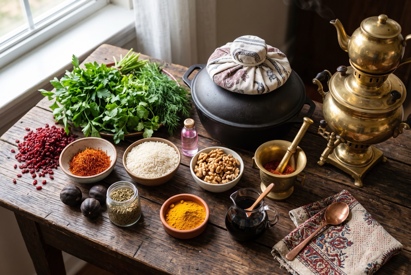Persian kitchen staples arranged on a dark table — saffron threads, dried limes, walnuts, pomegranate molasses and bunches of fresh herbs