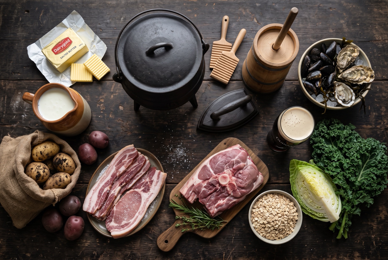 Overhead photograph of Ireland kitchen staples — salted butter, buttermilk, floury potatoes and dry-cured bacon — on a dark wooden table