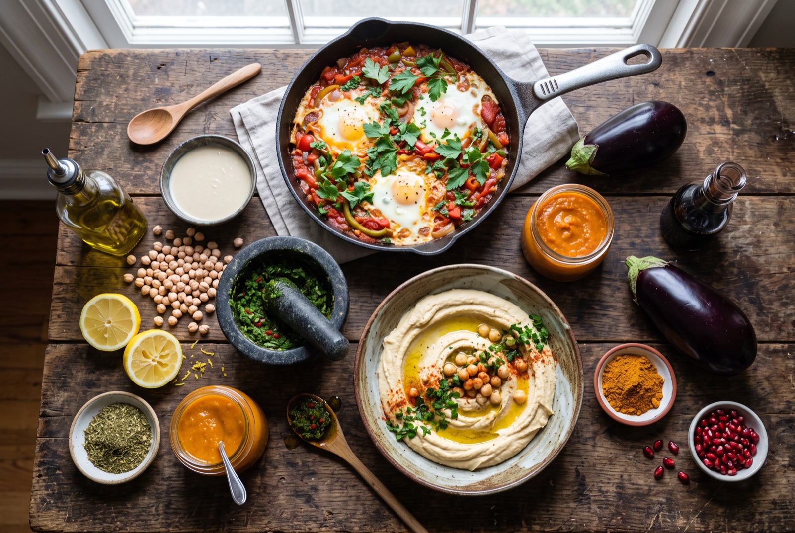 Illustrated Israeli kitchen staples: tahini, chickpeas, olive oil, lemons, za'atar and a bowl of red matbucha