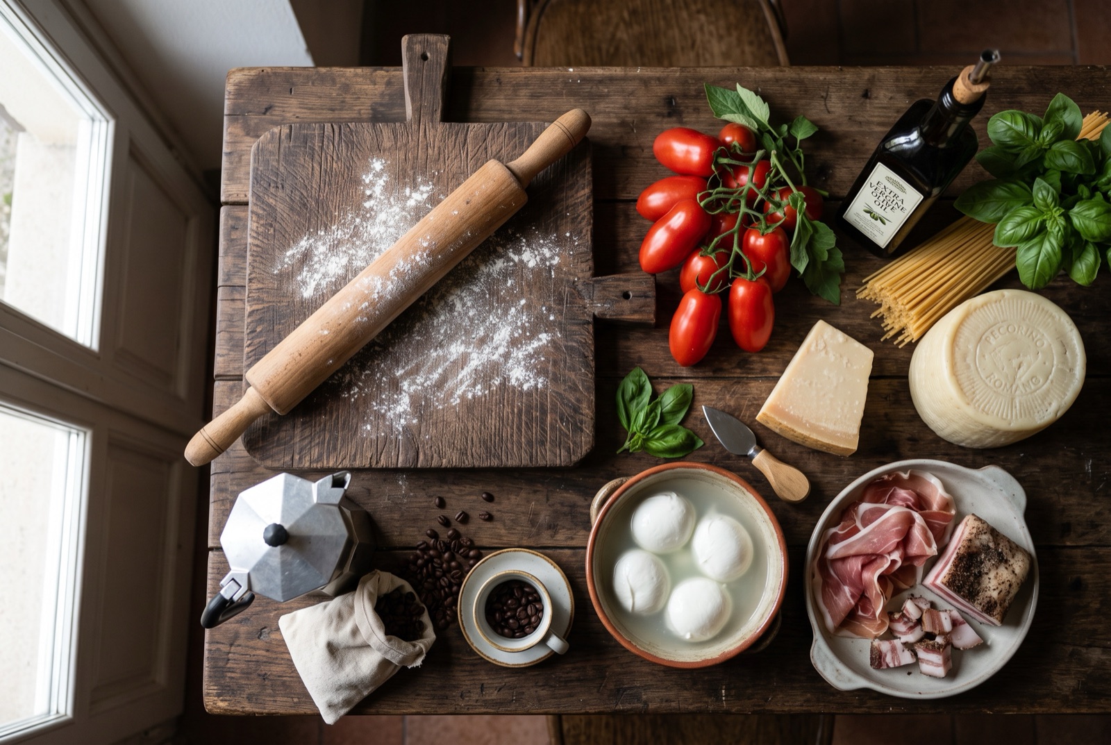 Overhead photograph of Italy kitchen staples — extra-virgin olive oil, durum wheat pasta, tomatoes and parmigiano-reggiano and pecorino romano — on a dark wooden table