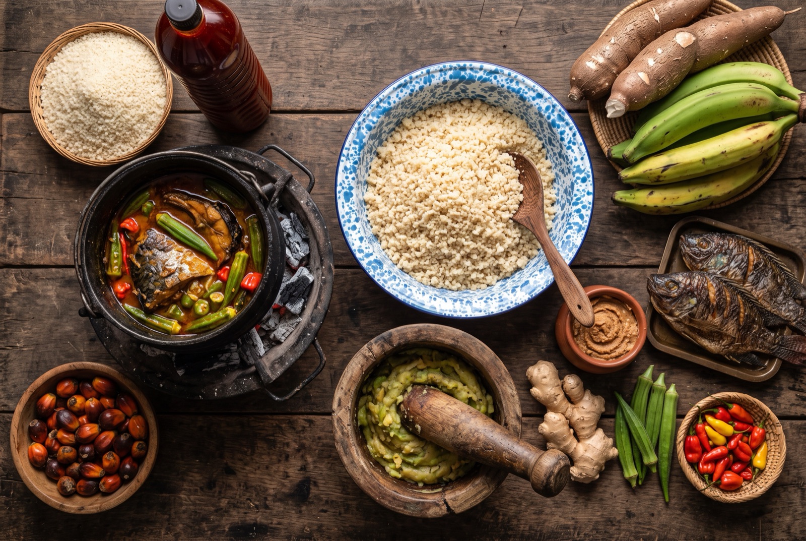 Illustration of Ivorian kitchen staples — attiéké, ripe plantain, palm nuts and red chillies