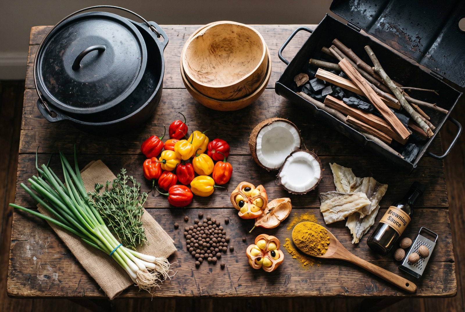 Jamaican kitchen staples arranged on a dark board — Scotch bonnet peppers, pimento berries, thyme sprigs and scallion