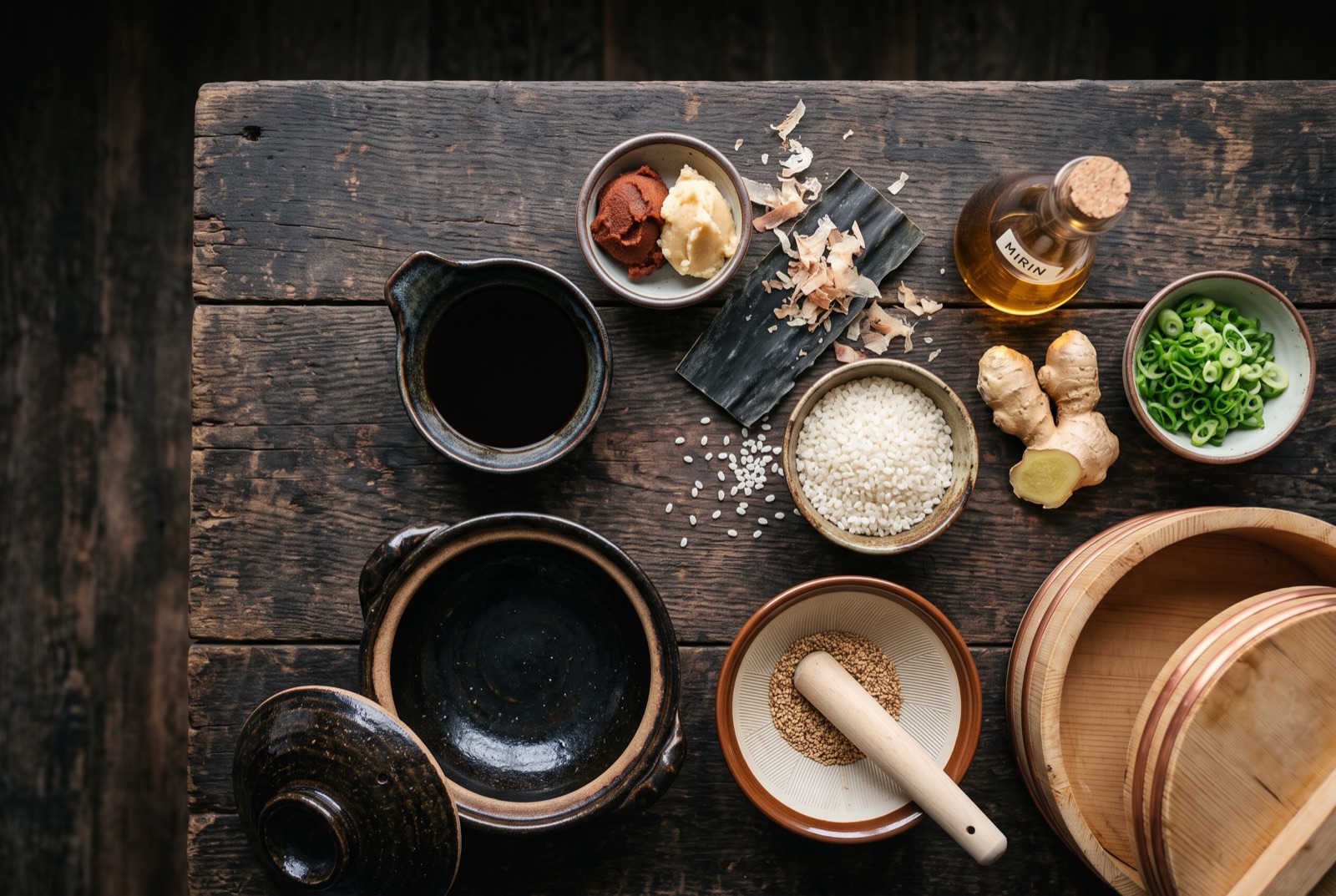 Overhead photograph of Japan kitchen staples — soy sauce, miso, dashi and short-grain rice — on a dark wooden table