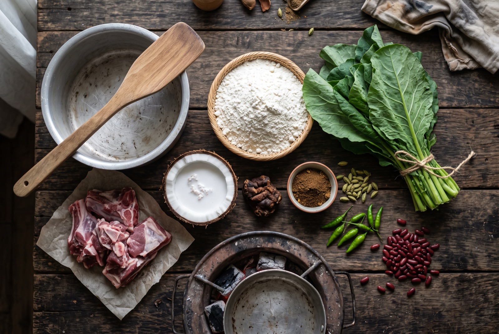 Overhead photograph of Kenyan kitchen staples — white maize flour, collard greens, kidney beans and coconut — on a dark wooden table